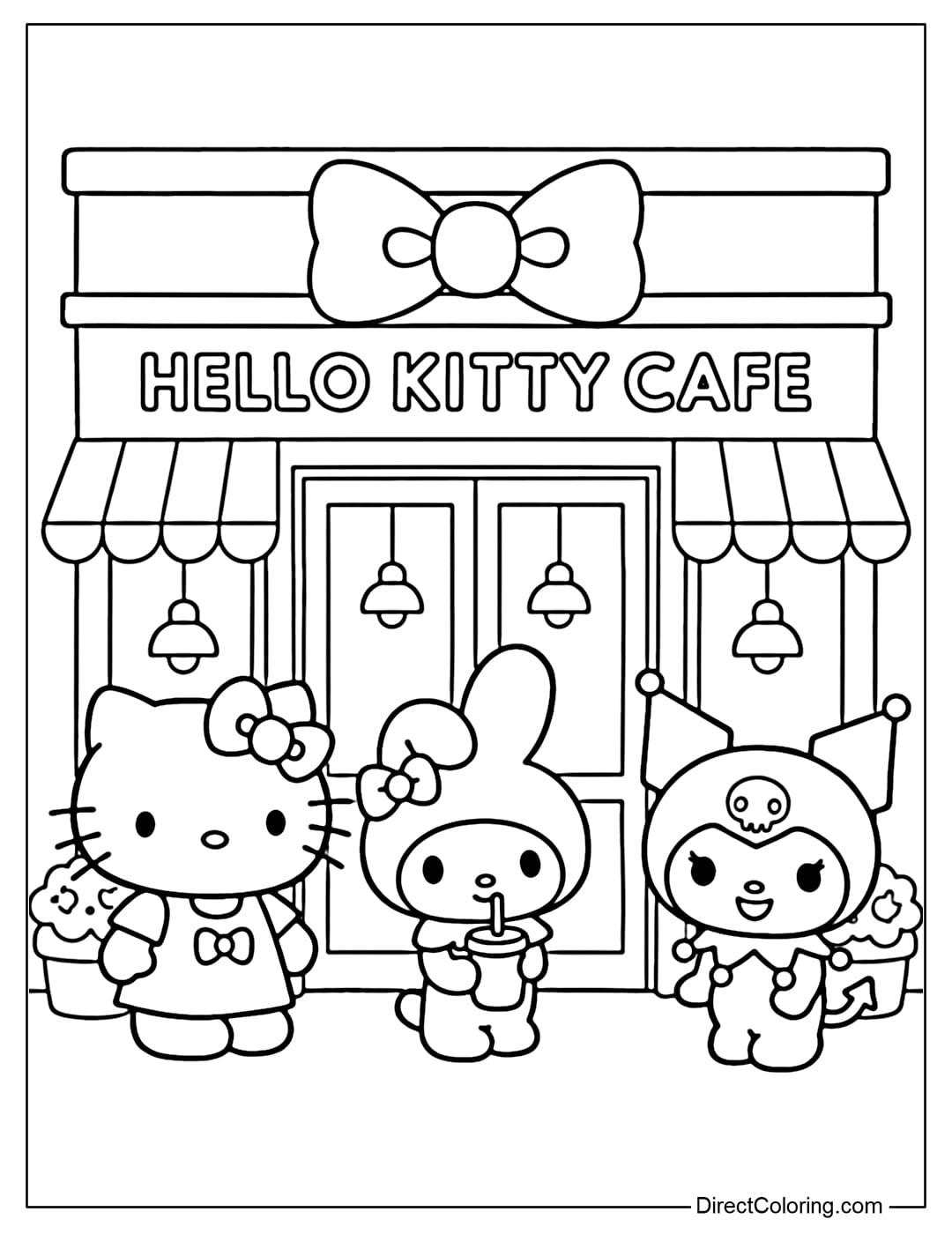 A coloring page featuring Hello Kitty, My Melody, and Kuromi standing in front of Kitty's signature cafe.