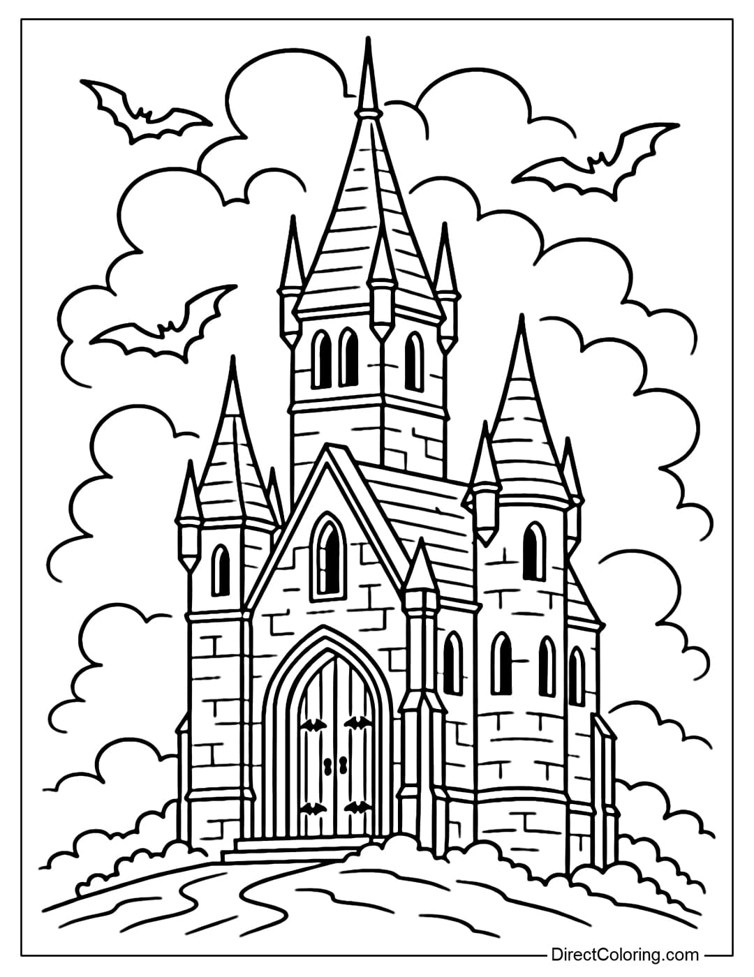 Spooky Castle Coloring Page Ancient Gothic castle coloring page, pointed towers, covered in clouds, bats flying around the main door.