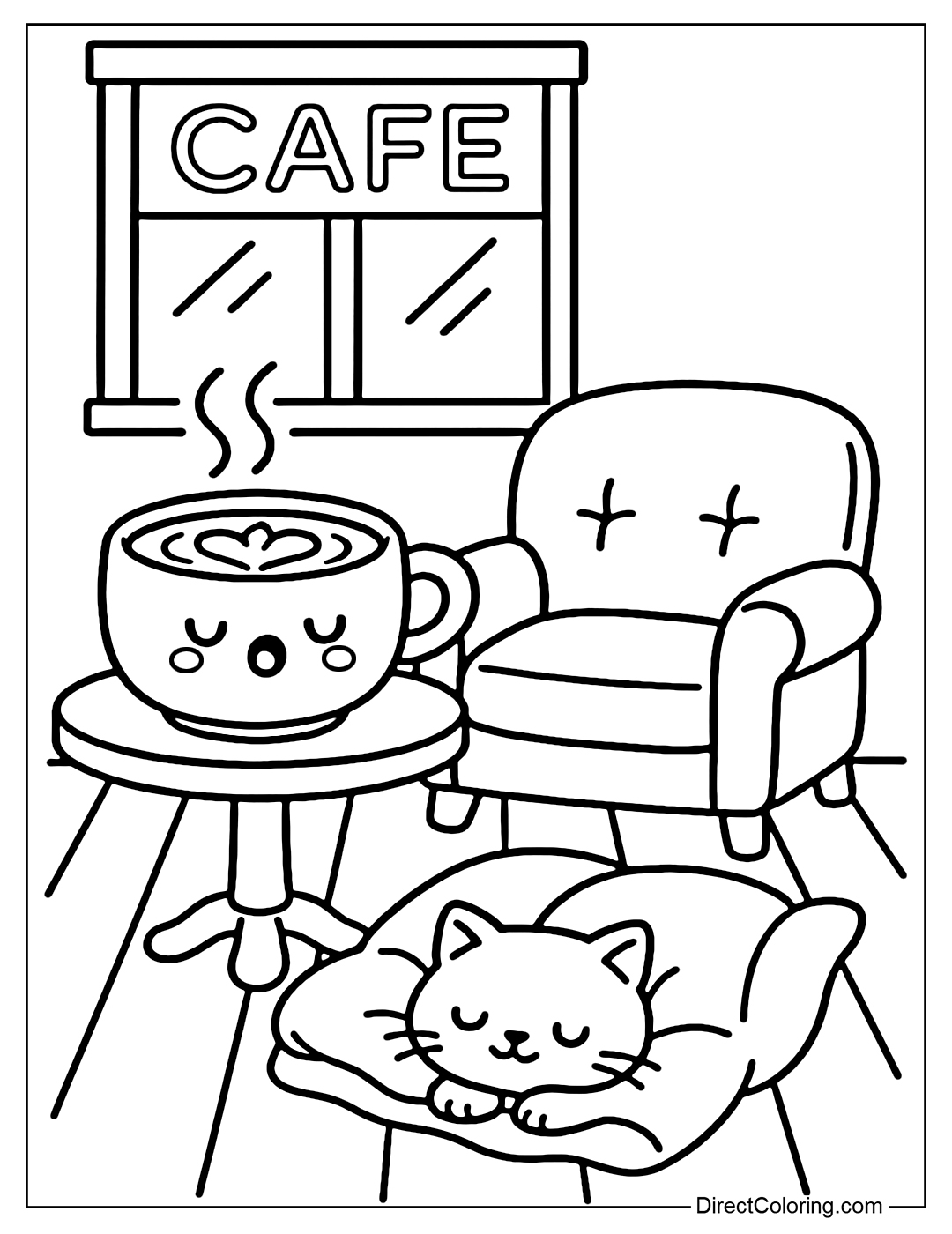 A cozy little cafe coloring page, a plump cappuccino cup on the table, a cute armchair, and a kitten curled up at the foot of the table.