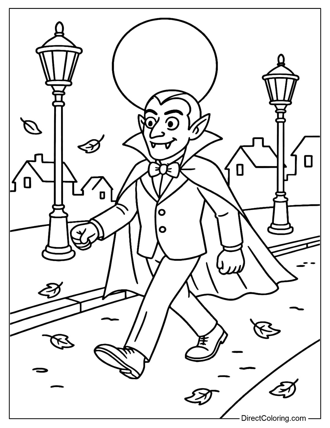 Midnight Street Vampire Coloring Page Vampire coloring page walking on an empty street at night, with a bright full moon hanging high above.