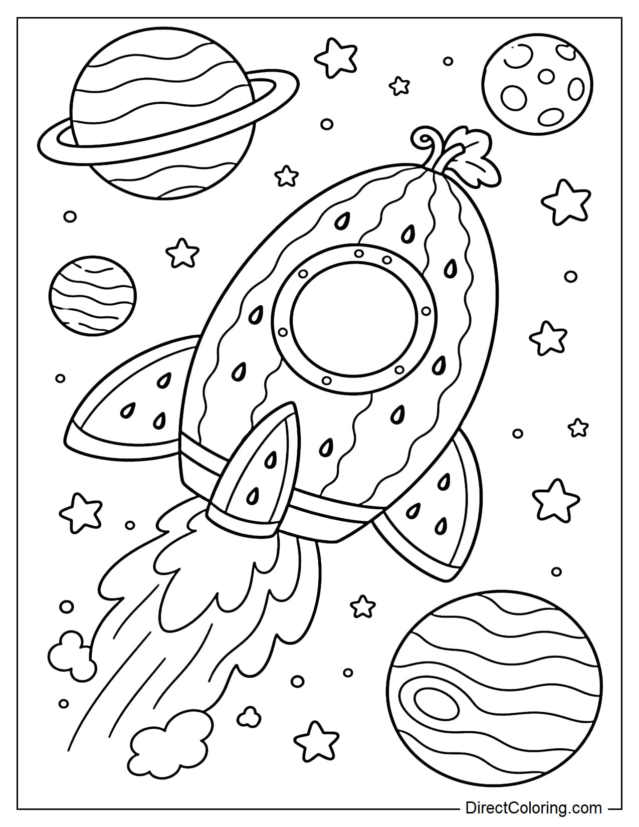 A watermelon-shaped rocket flying in space with some large round planets and stars.