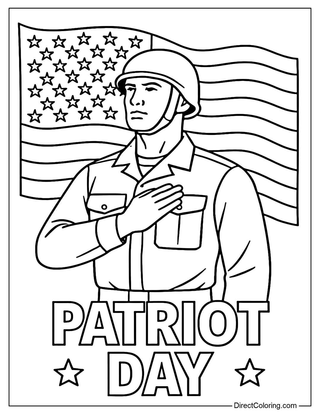 Coloring page of an American soldier standing tall, his hand on his chest in front of an American flag, with the words 