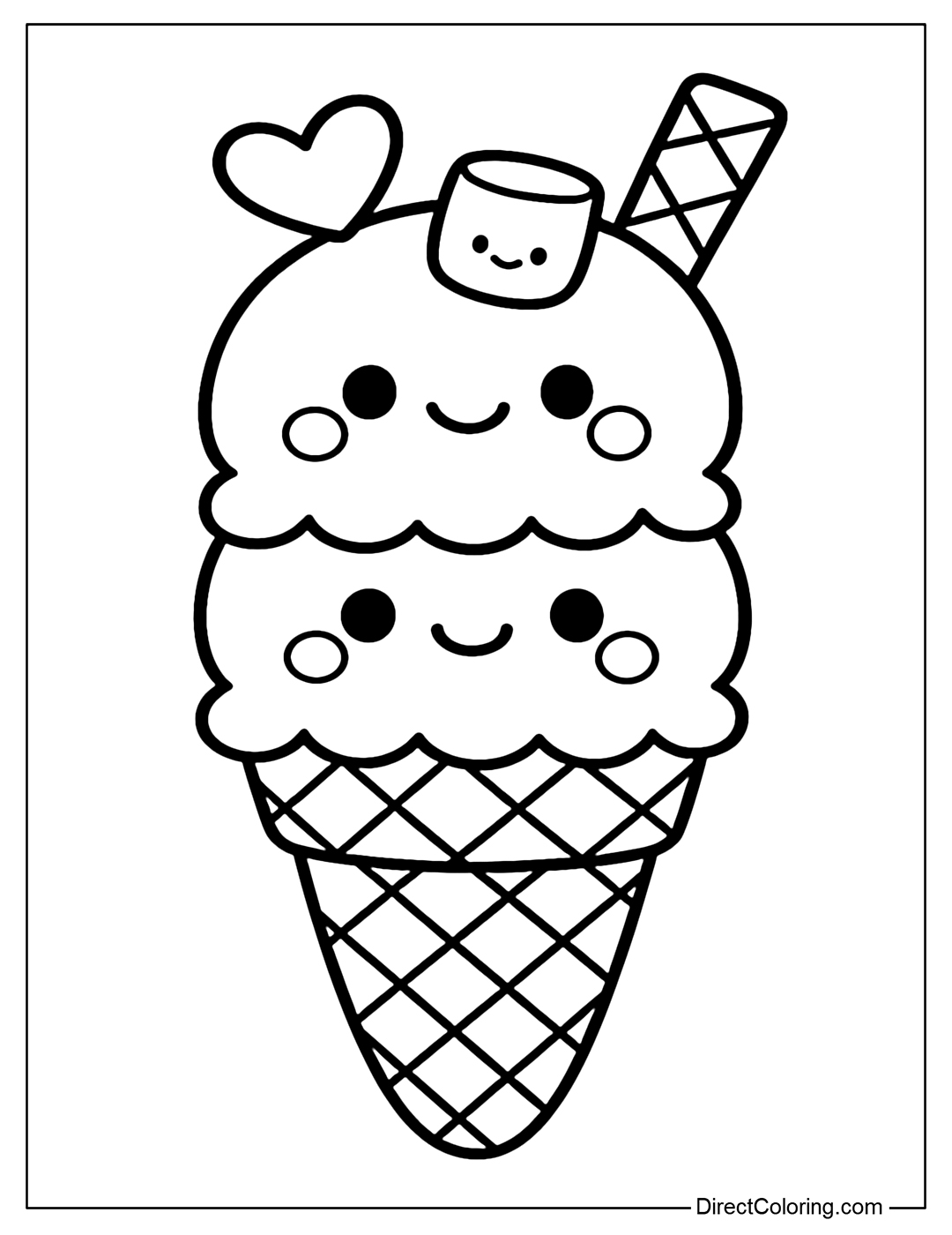 Coloring page of a three-layer ice cream cup with cute toppings: hearts, marshmallows, waffles.