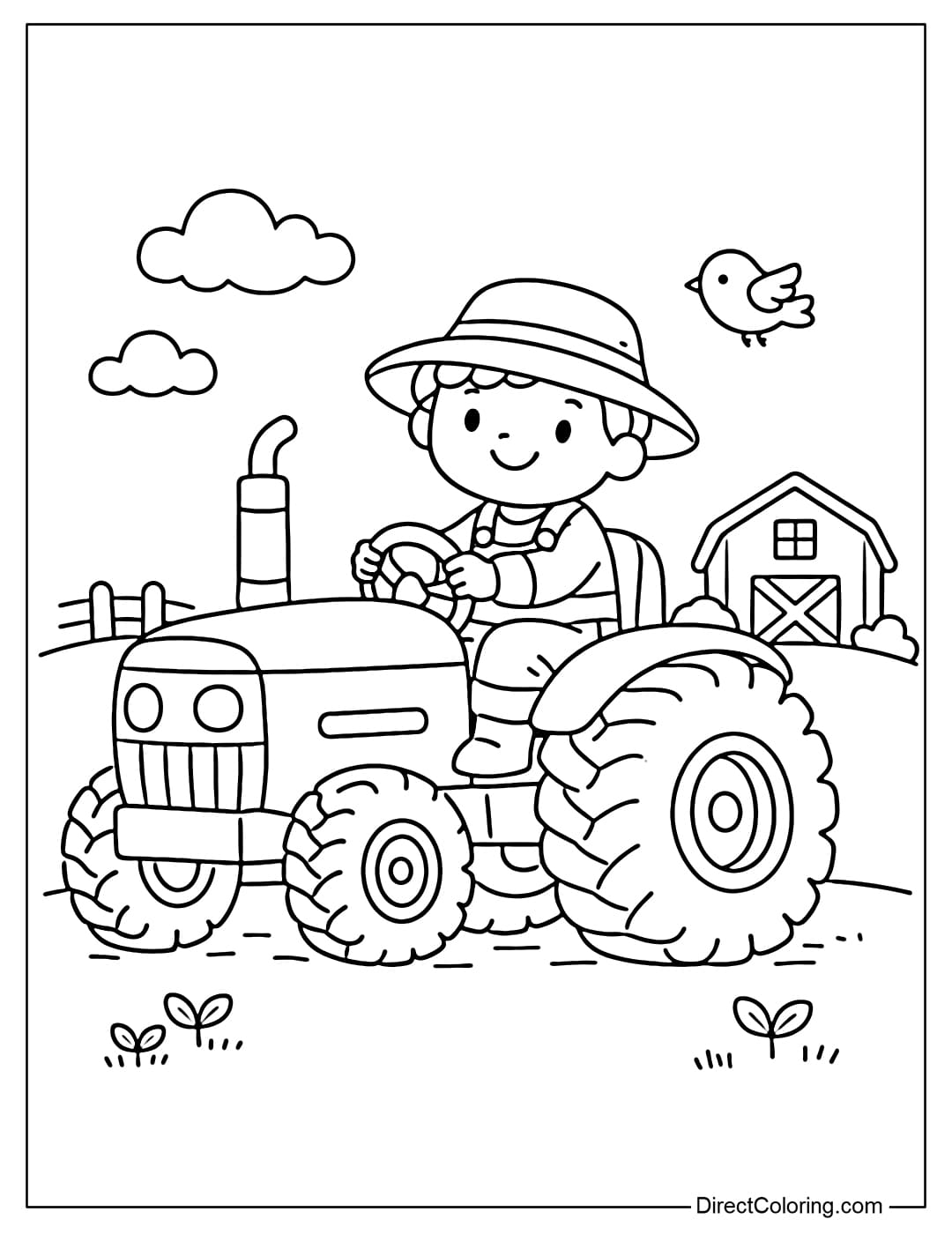 A farmer driving a tractor coloring page with a simple layout.