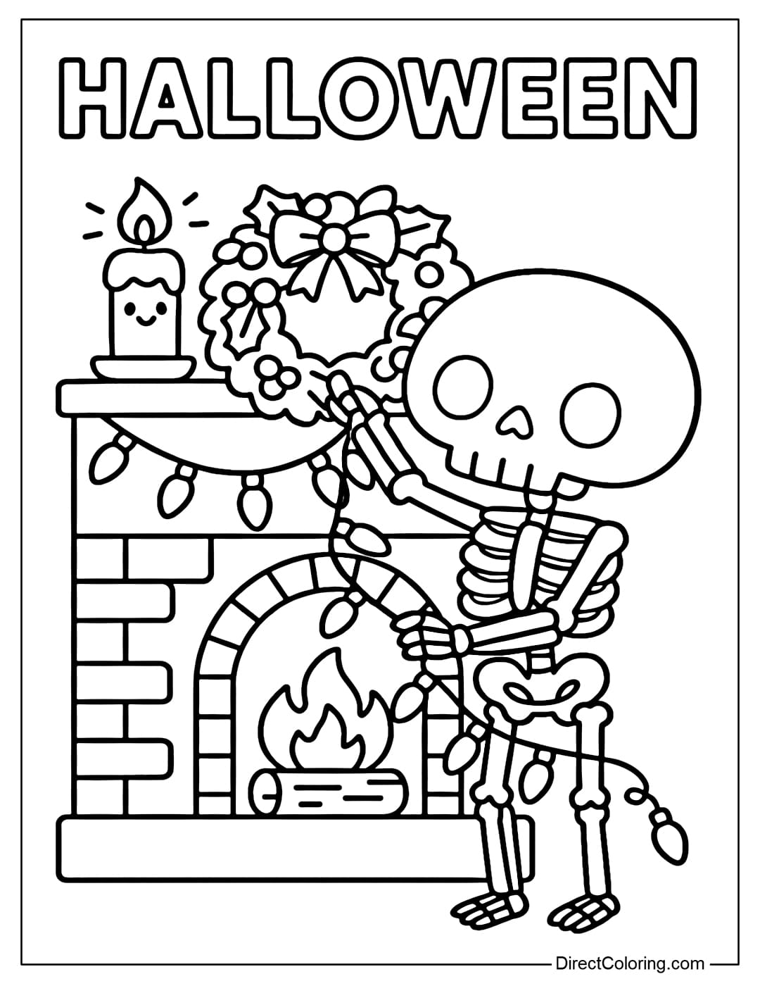 A skeleton coloring page hanging wreaths and lights on the fireplace, the background decorated with the words HALLOWEEN and glowing ghost candles.