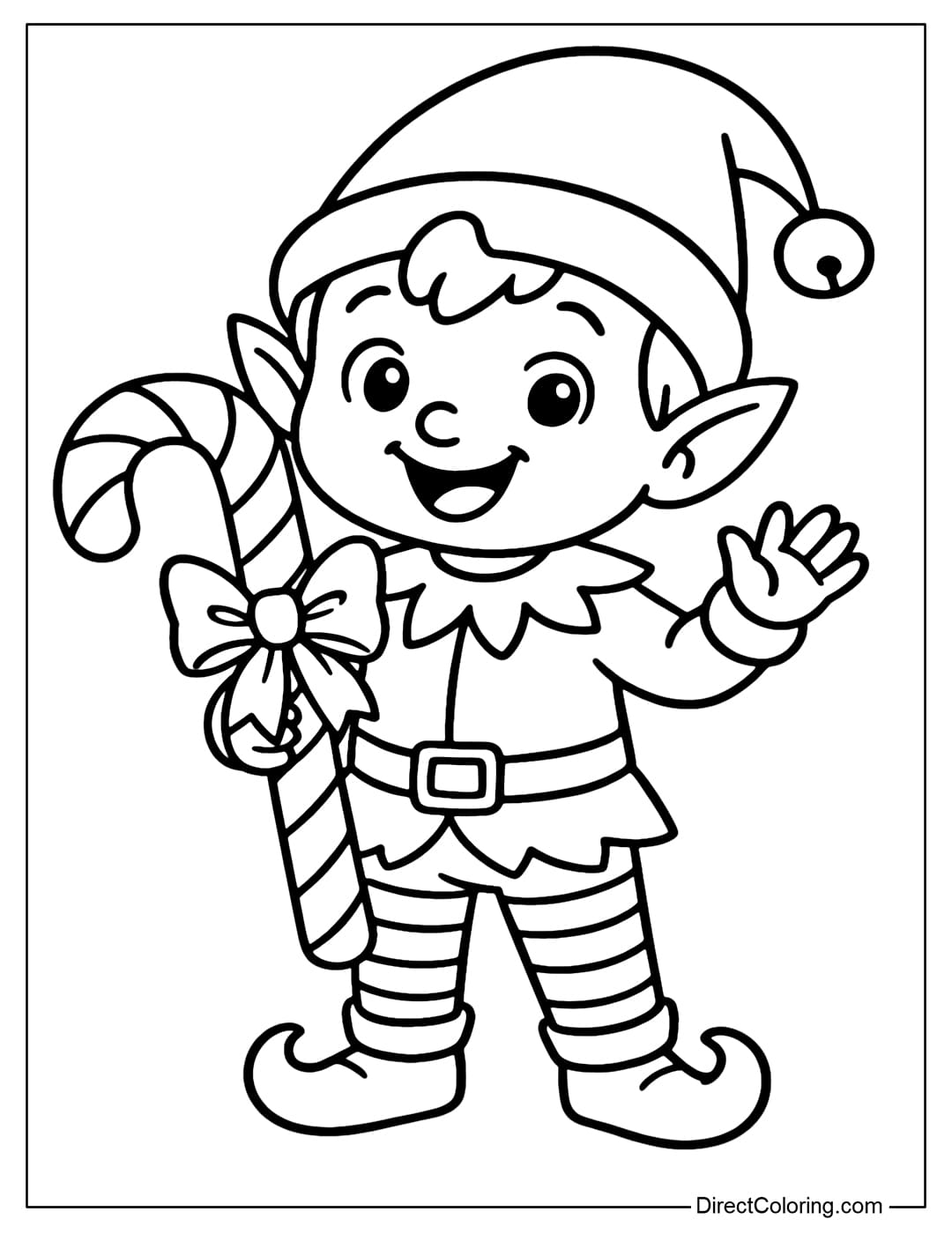 A coloring page of a cute little elf smiling brightly, holding a giant lollipop tied with a bow.