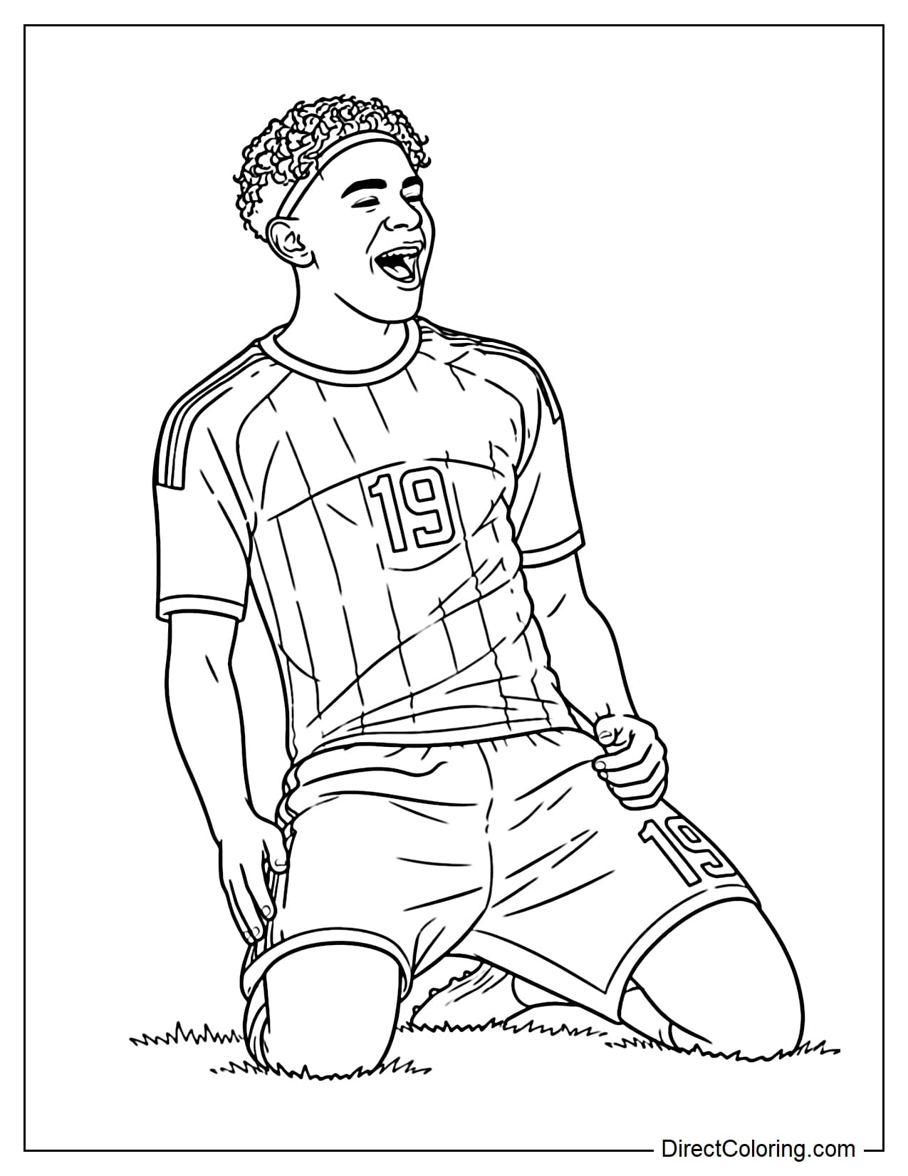 Lamine Yamal, wearing the number 19 Spanish national soccer jersey, is kneeling on both knees on the grass in a victory celebration pose, head held high, laughing loudly with excitement, his signature curly hair, and wearing a thin headband.