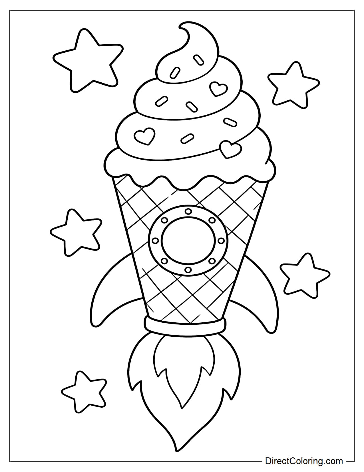 A rocket shaped like a large ice cream cone, with a soft swirled scoop on top and a few stars around it.