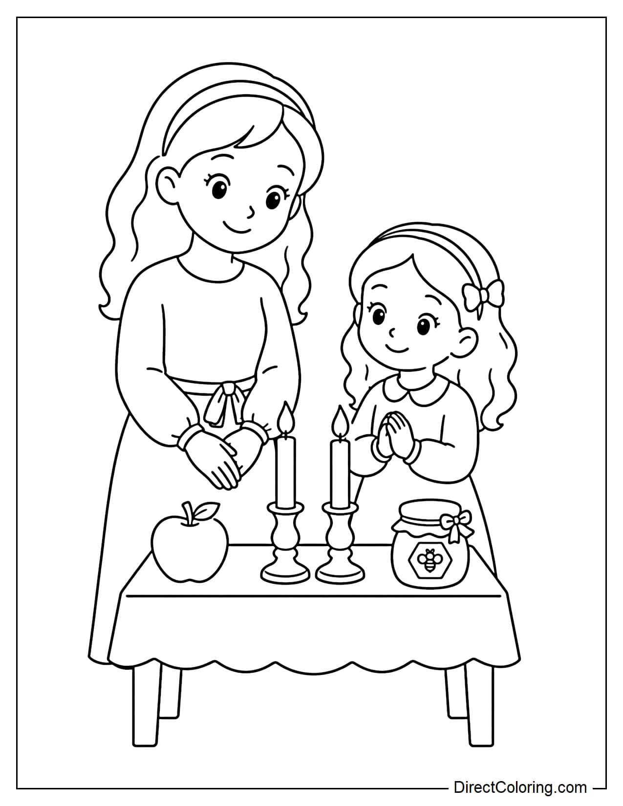 A mother and daughter stand before two holiday candles on a table; an apple and a small jar of honey sit nearby, evoking the spirit of Rosh Hashanah.