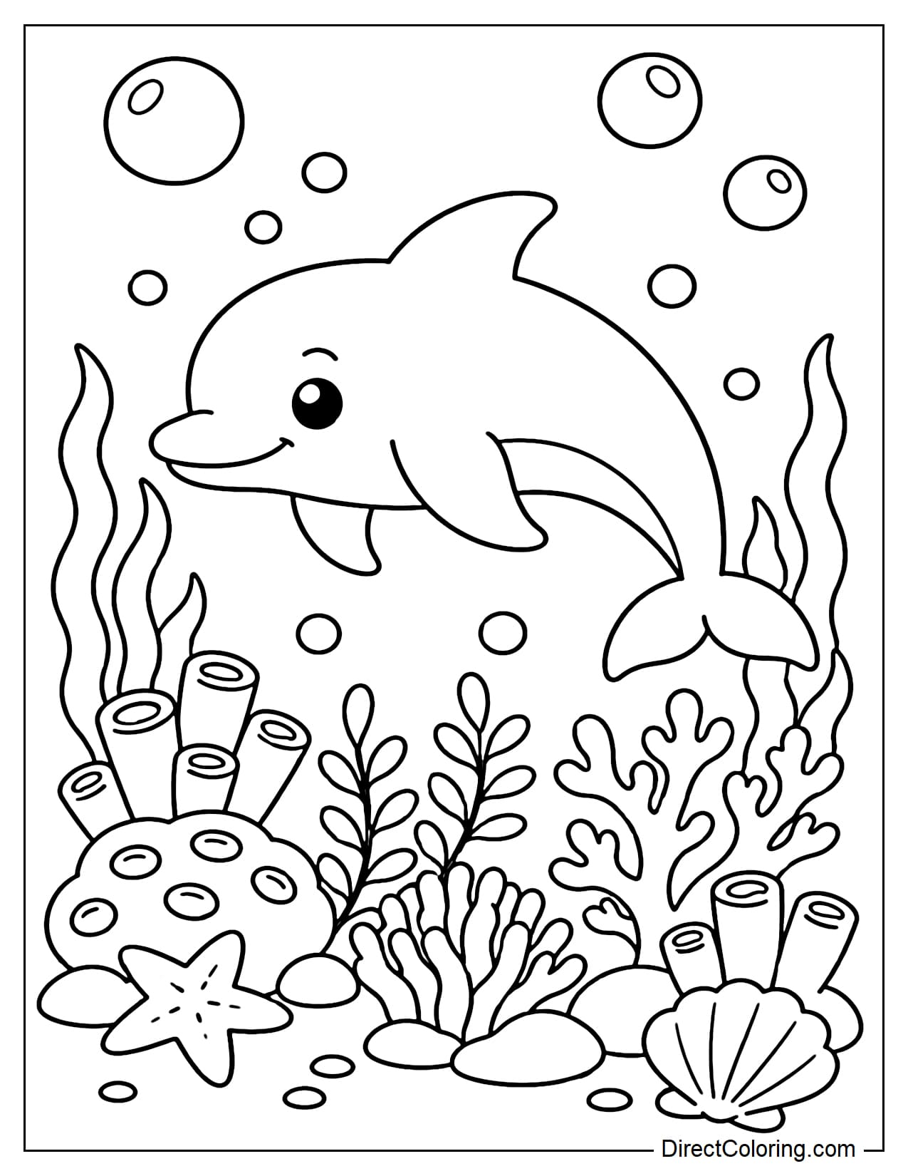 A dolphin swims slowly through a simple coral garden with seaweed and large bubbles.