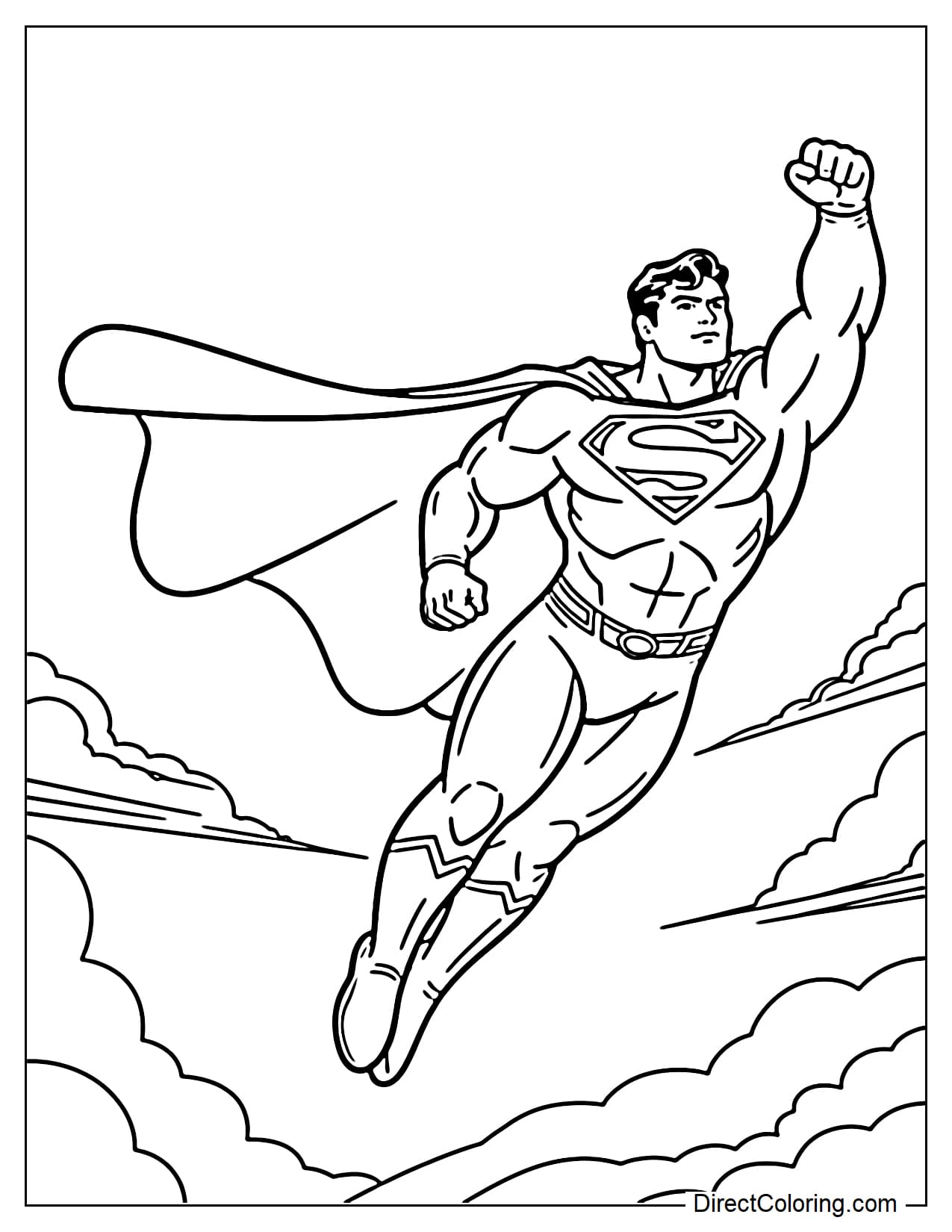 Coloring page of Superman flying high in the sky with his cape billowing powerfully.