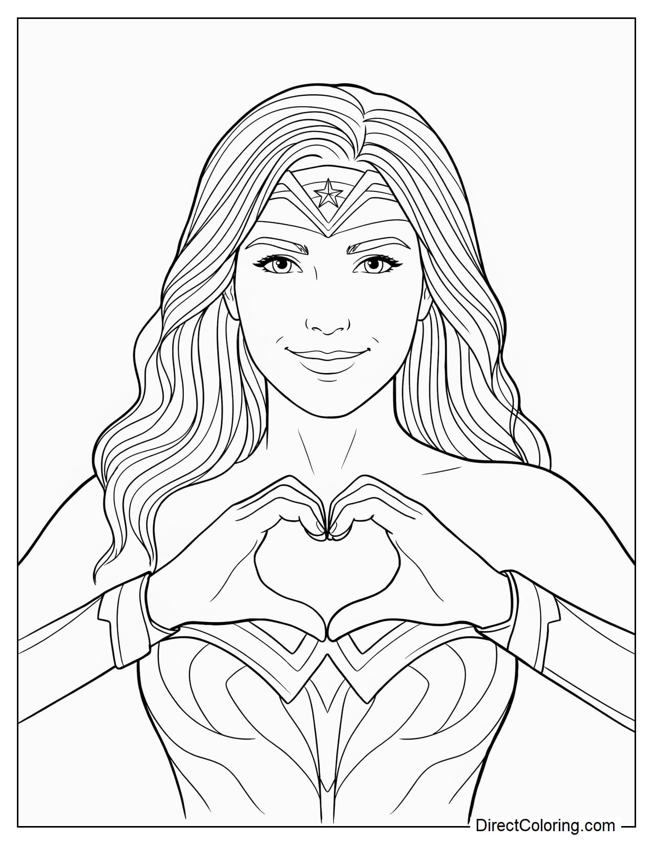 Wonder Woman stands facing forward, raising both hands in front of her chest to form a heart shape, with her long hair falling naturally over her shoulders.