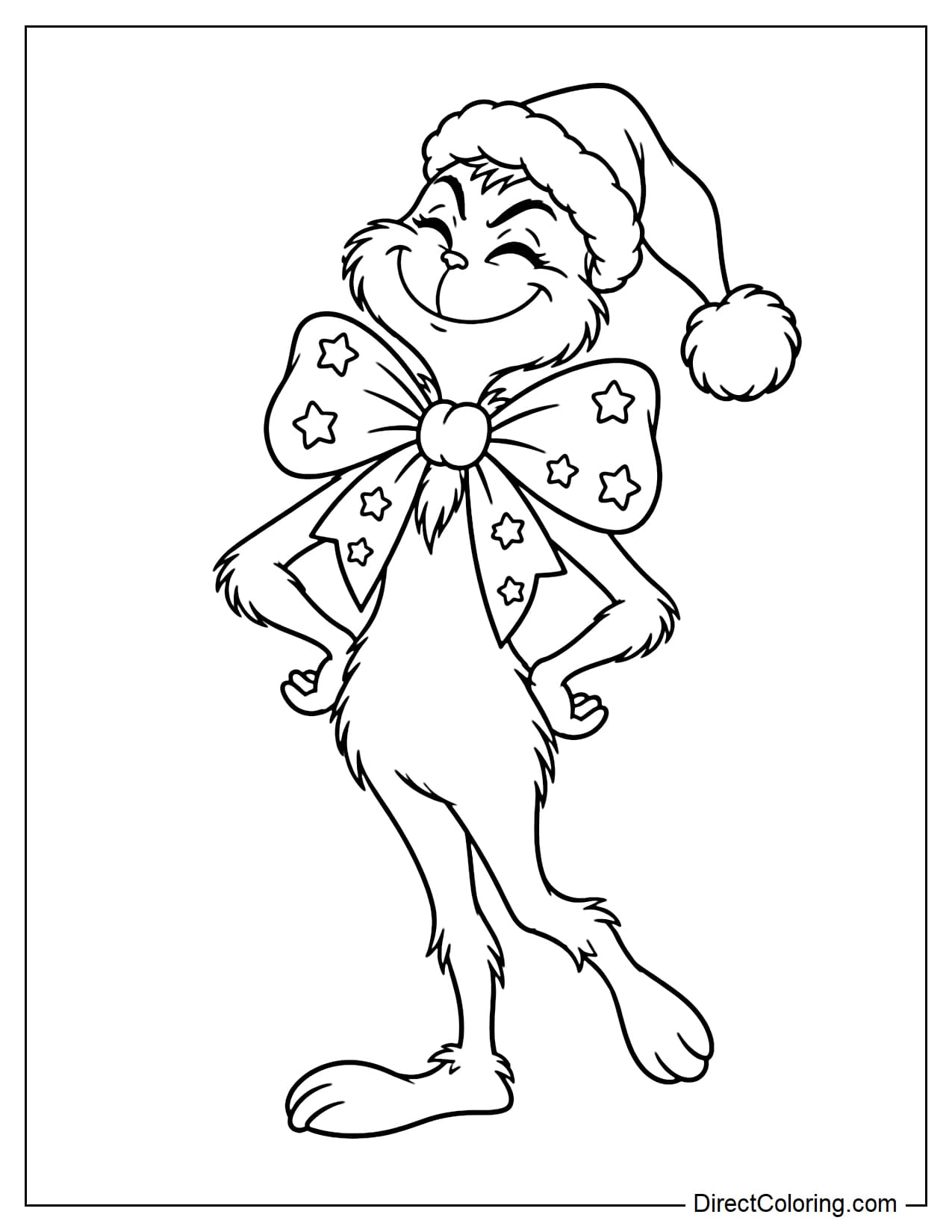 Grinch wears a Santa hat and an enormous Christmas bow tie decorated with stars, standing proudly with his hands on his hips and a big, mischievous grin.