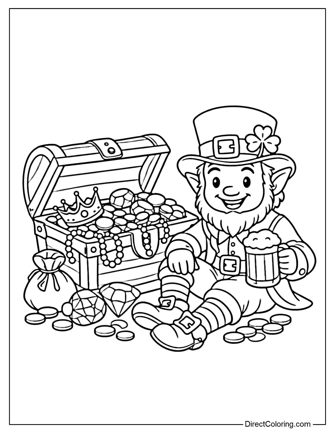 A coloring page of a Leprechaun sitting next to an open treasure chest, with gold and jewels spilling out.