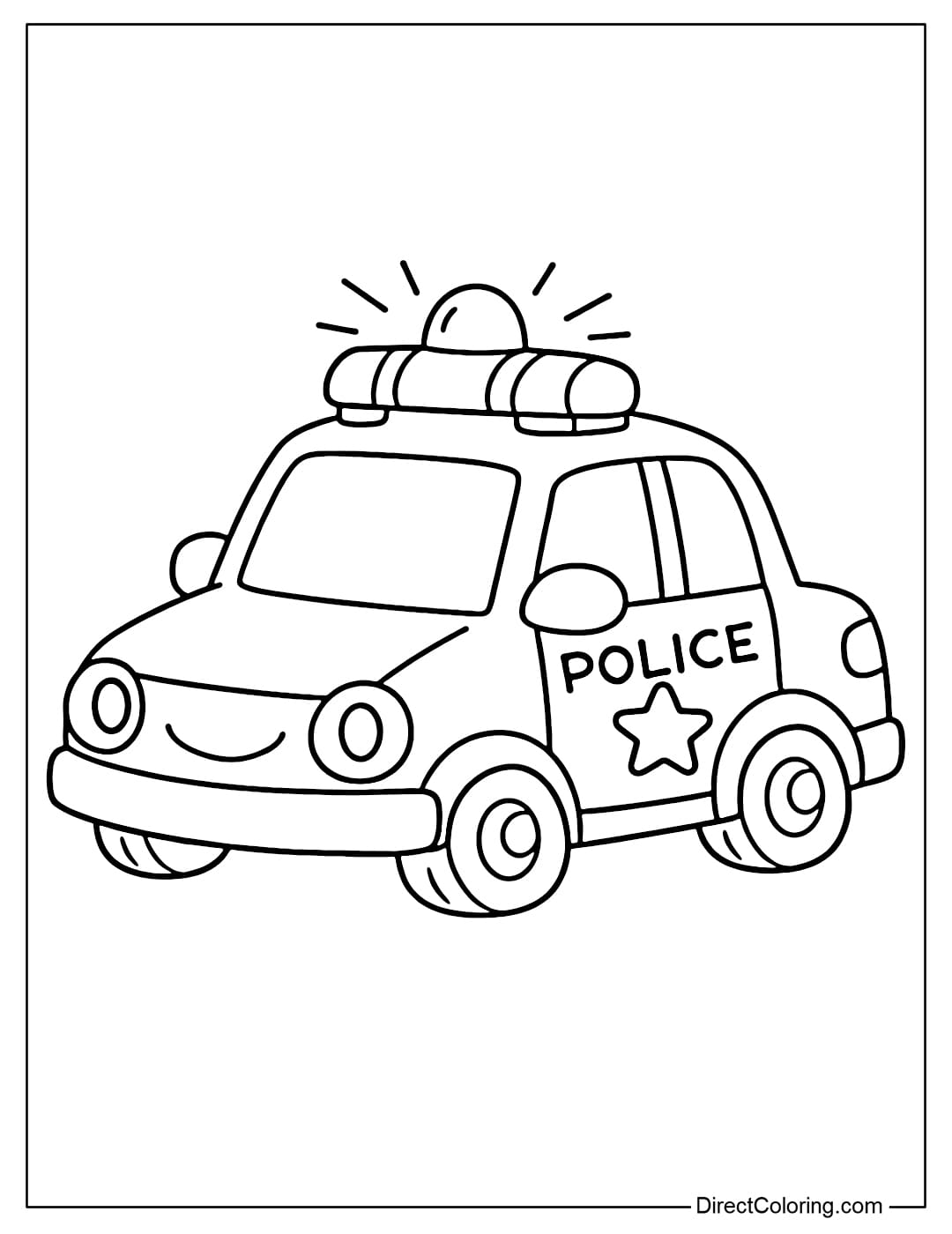 Coloring page of a police car with lights on the roof, simple and clear details.