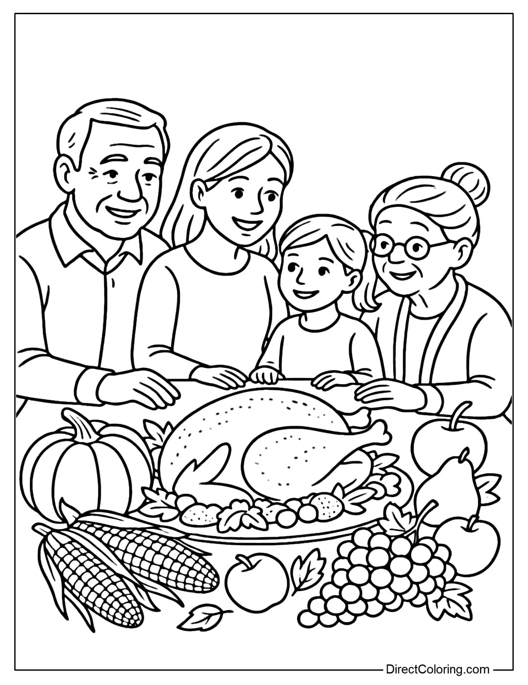 A harvest table coloring page, filled with turkeys, pumpkins, corn, and fruits, the whole family is together.