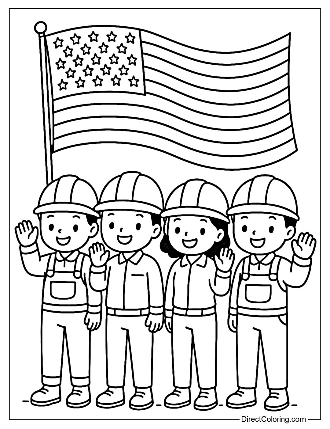 Coloring page of a group of workers wearing hard hats, smiling and raising their hands in salute, surrounded by the American flag flying.