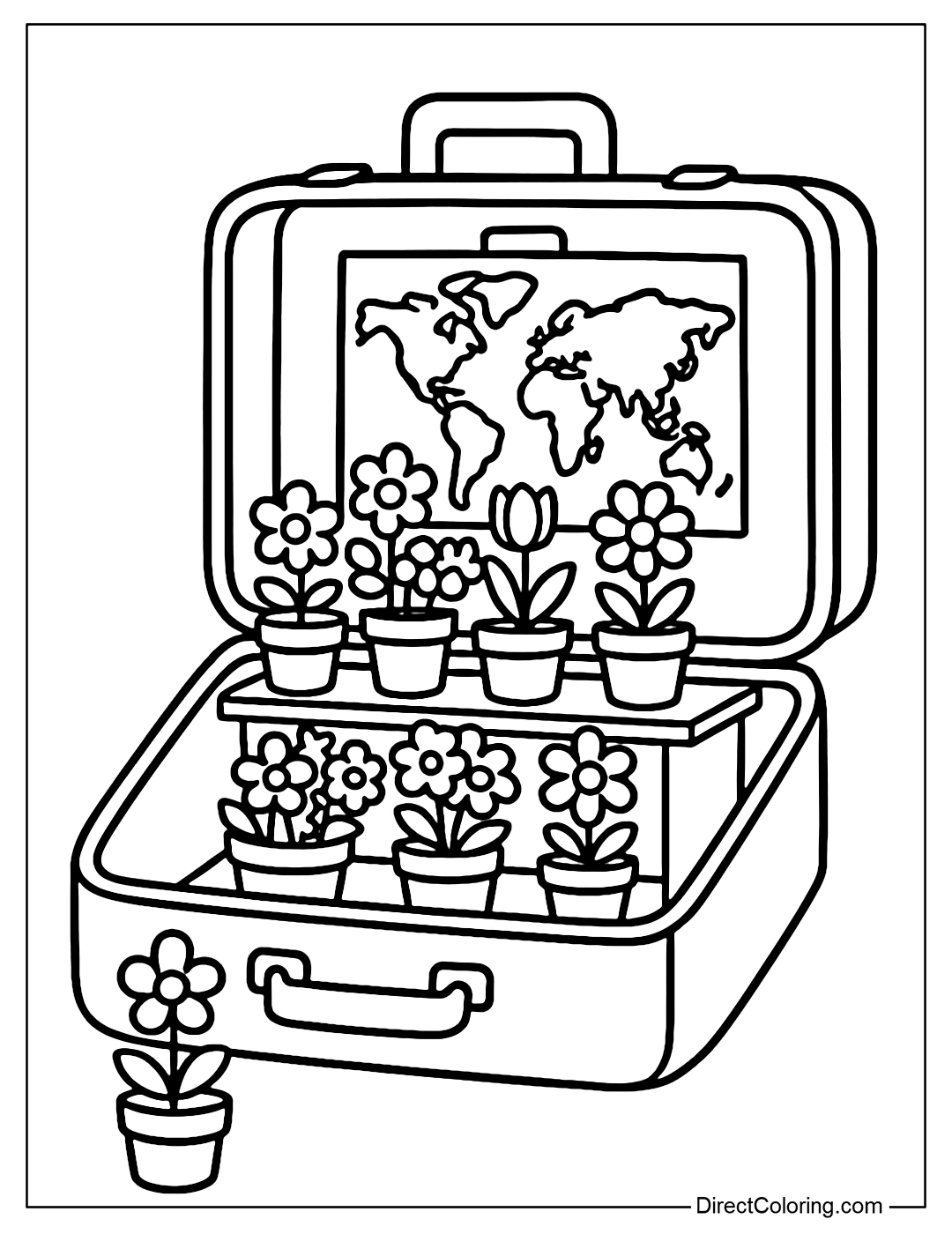 A pop-up flower shop coloring page in a suitcase, which when opened turns into a tiered flower shelf, a map pasted inside