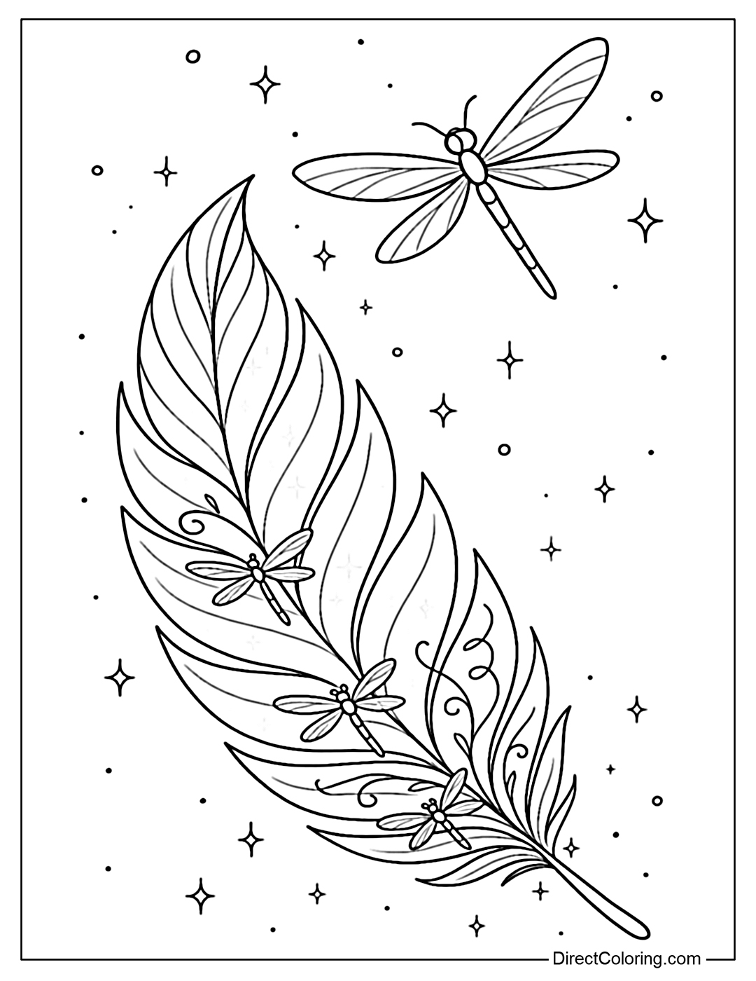 A coloring page of a slender feather with a string of small dragonflies with transparent wings, perched alternately along the curve of the feather. There is a largest dragonfly spreading its wings and flying out from the tip of the feather.