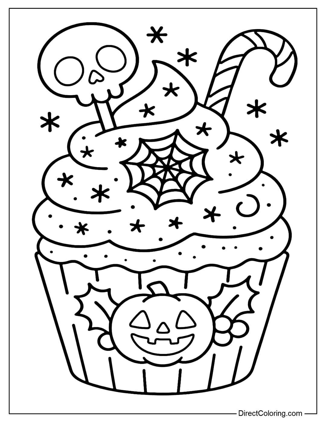 A cupcake coloring page with a spider web-shaped frosting, a skull lollipop and a mini candy cane on top. The cupcake cup has a pumpkin and holly leaf pattern.