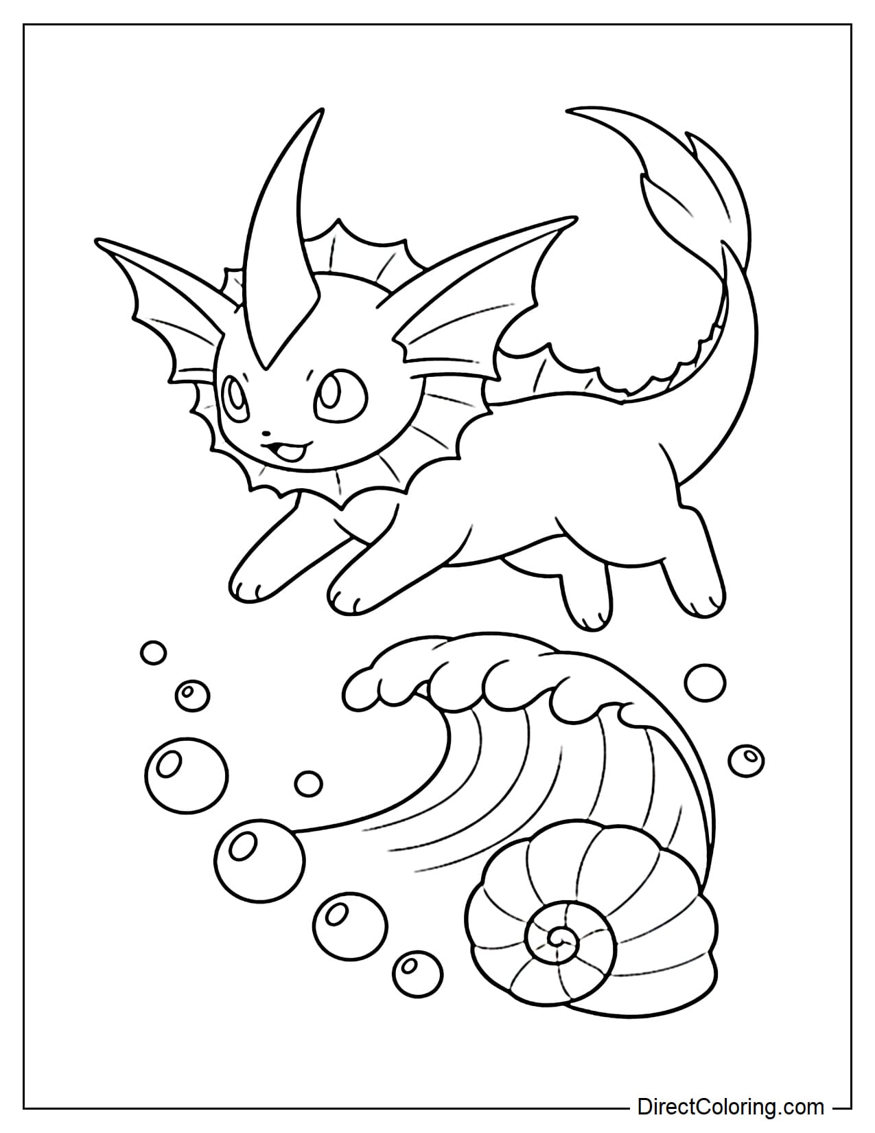 Vaporeon is leaping over a small wave, its fish tail slightly curved behind it, with several round bubbles and a seashell underneath.