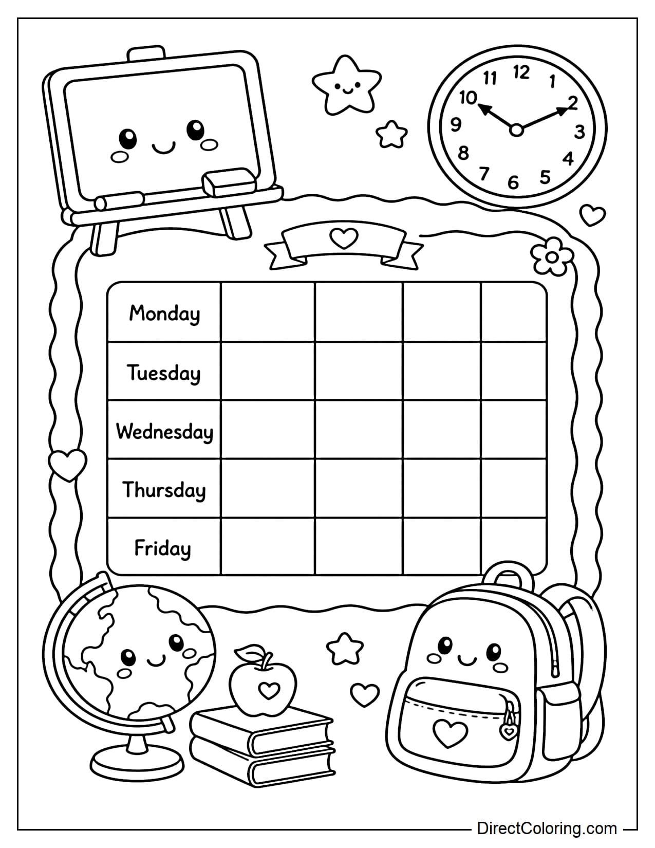 A classroom timetable with a small blackboard, wall clock, globe, and student backpacks surrounding a simple schedule from Monday to Friday.