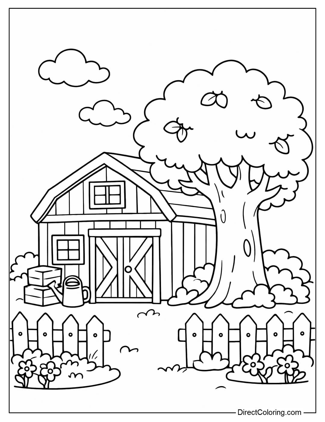 Coloring page for a barn with a fence and a large tree next to it, with a clear and easy-to-color layout.