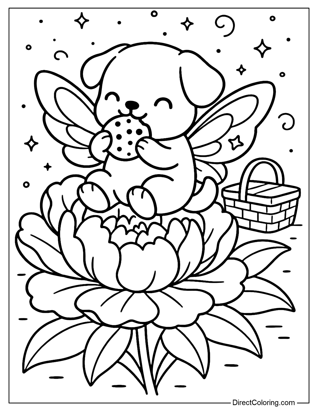 A little puppy coloring page with fairy wings, sitting on a giant peony eating cookies, next to a picnic basket.