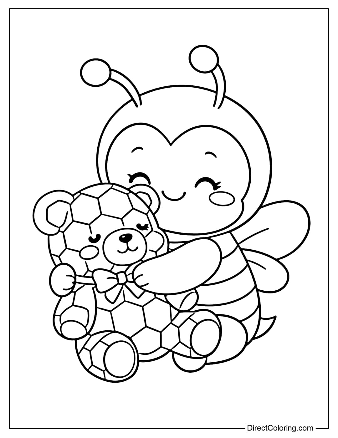 A coloring page of a bee hugging an adorable bee-shaped teddy bear.