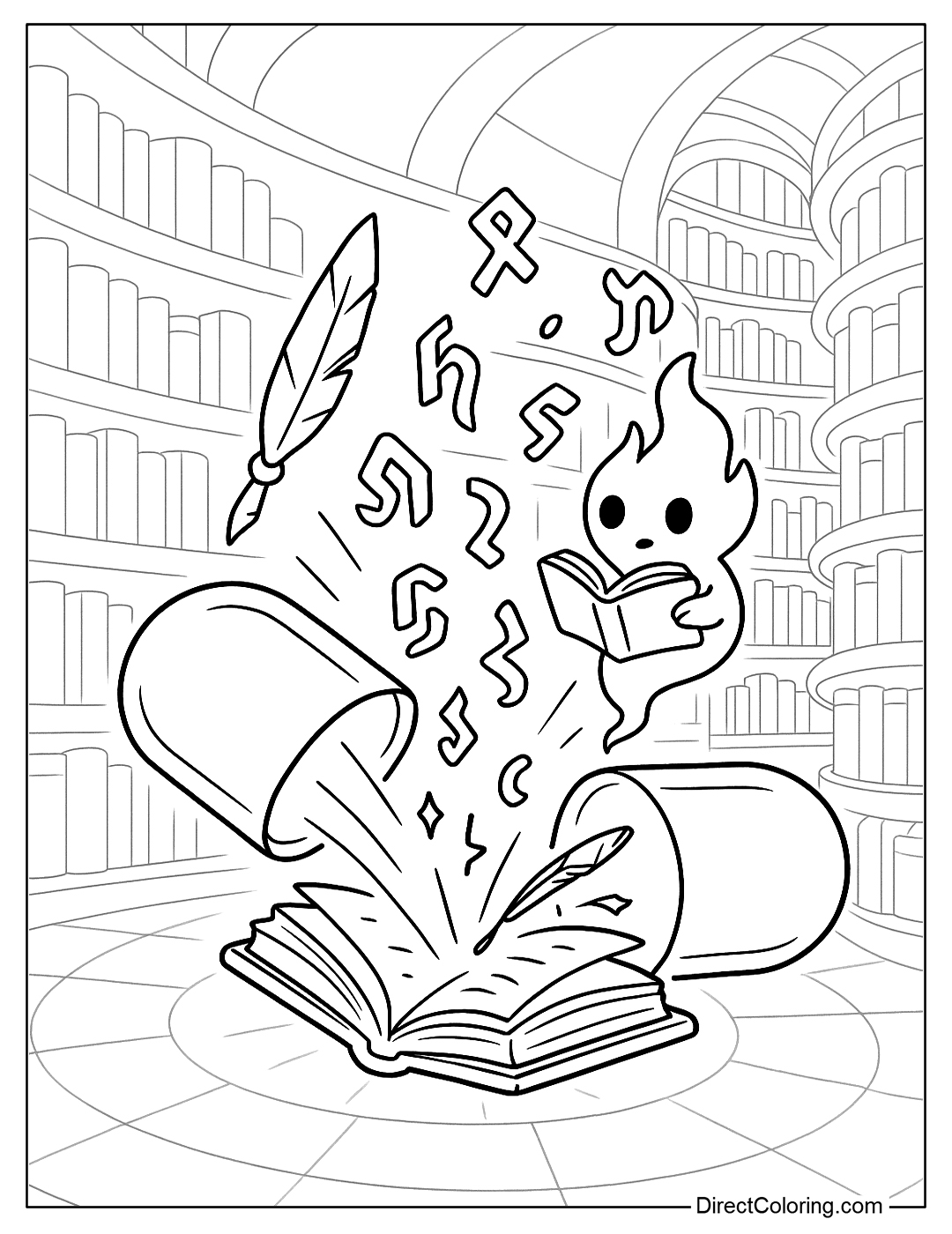 A pill coloring page that looks like a open book glowing, from which ancient characters fly out, pens float, and little flame-shaped spirit reads a book