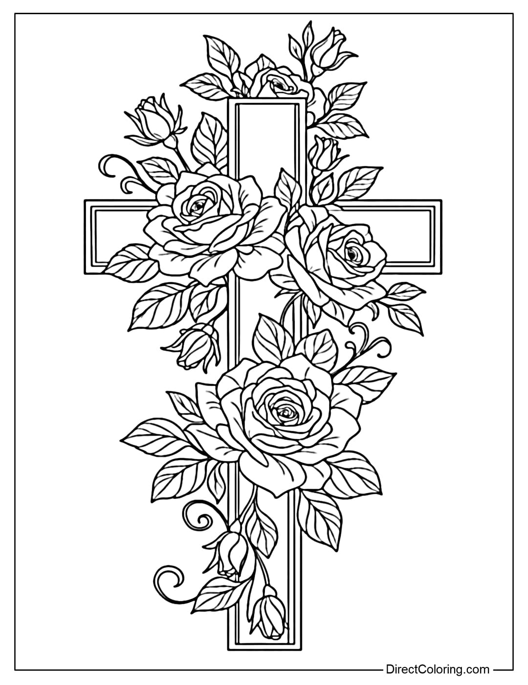 A cross coloring page decorated with blooming roses around the cross.