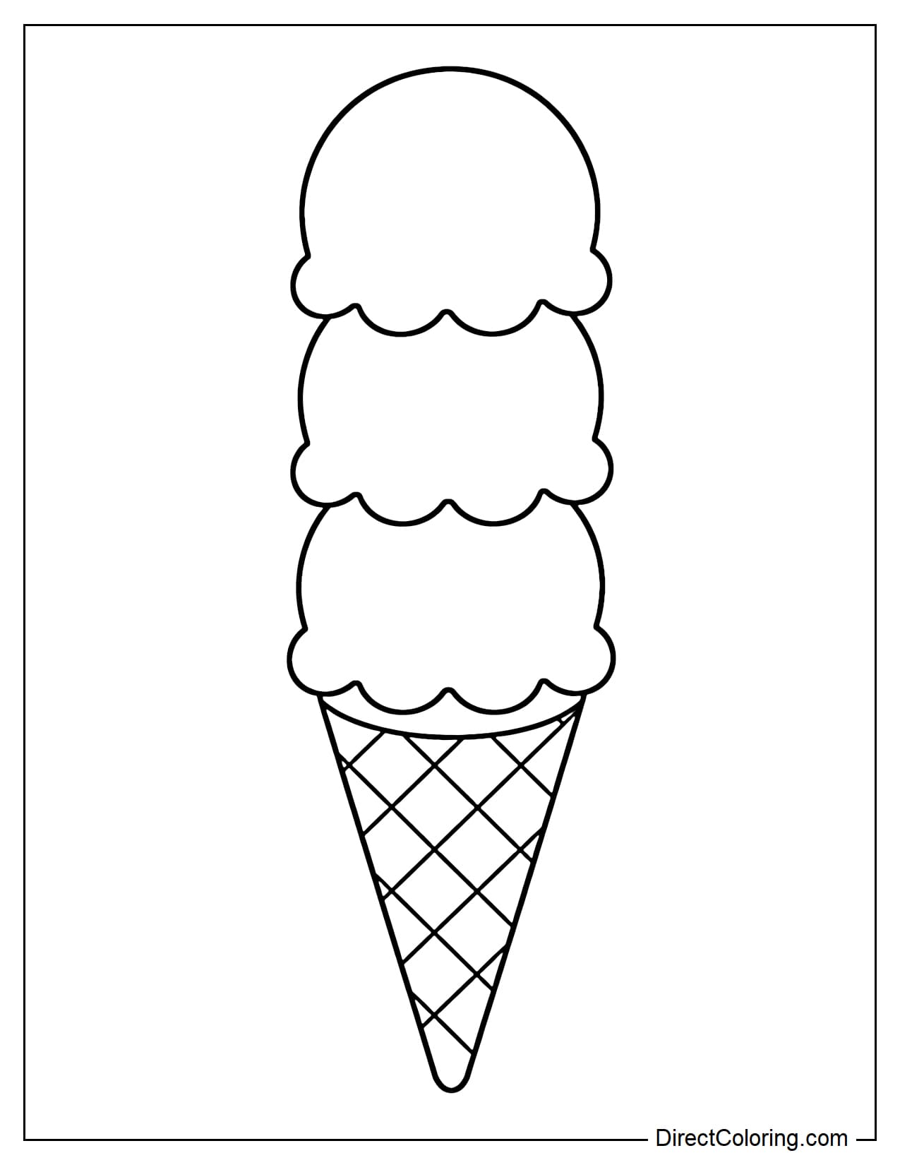 An ice cream cone with three round scoops of ice cream stacked on top of each other, the waffle cone having diagonal lines.