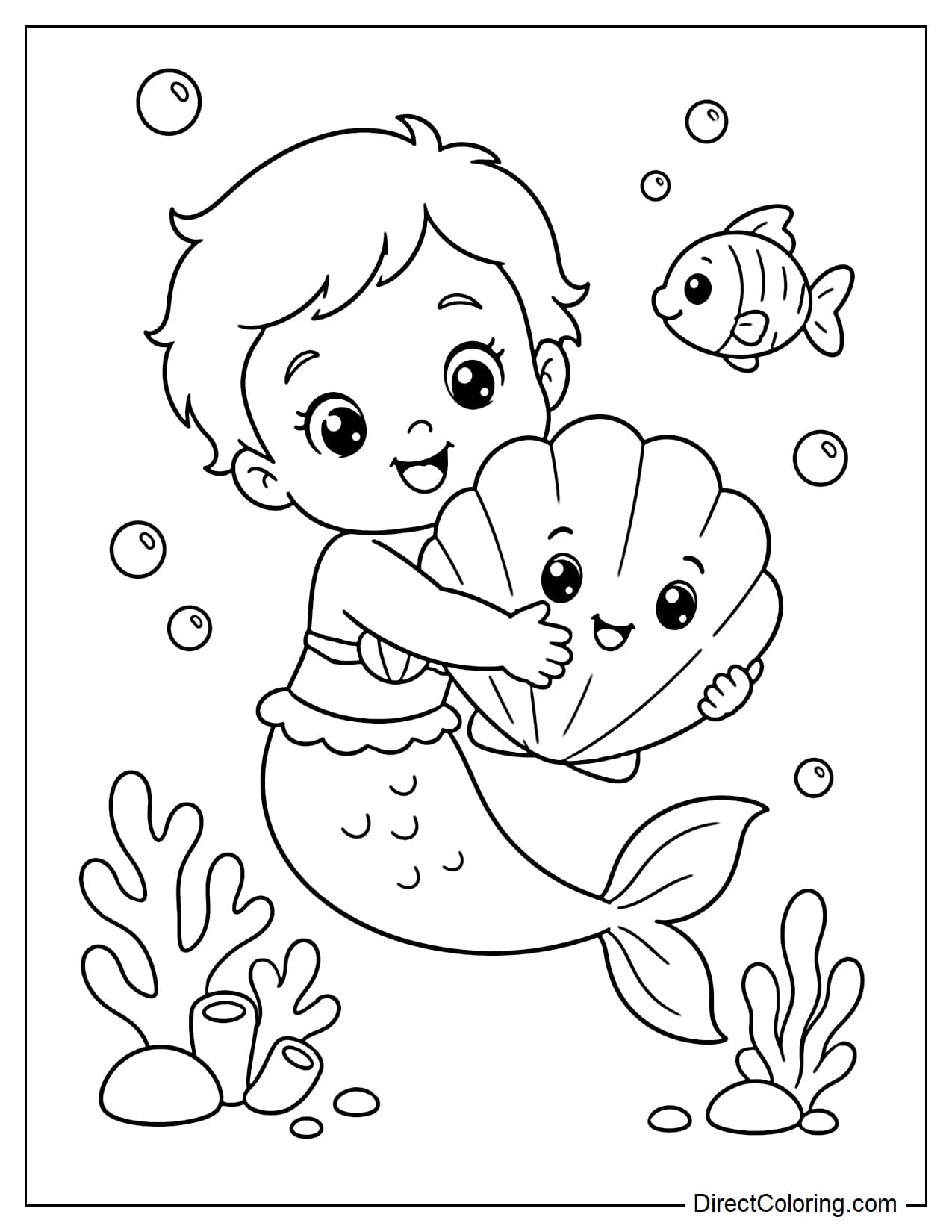 A baby mermaid is hugging a large seashell with a happy face, neat short hair, and an adorable little fish tail. She is surrounded by bubbles, coral, and a little fish.
