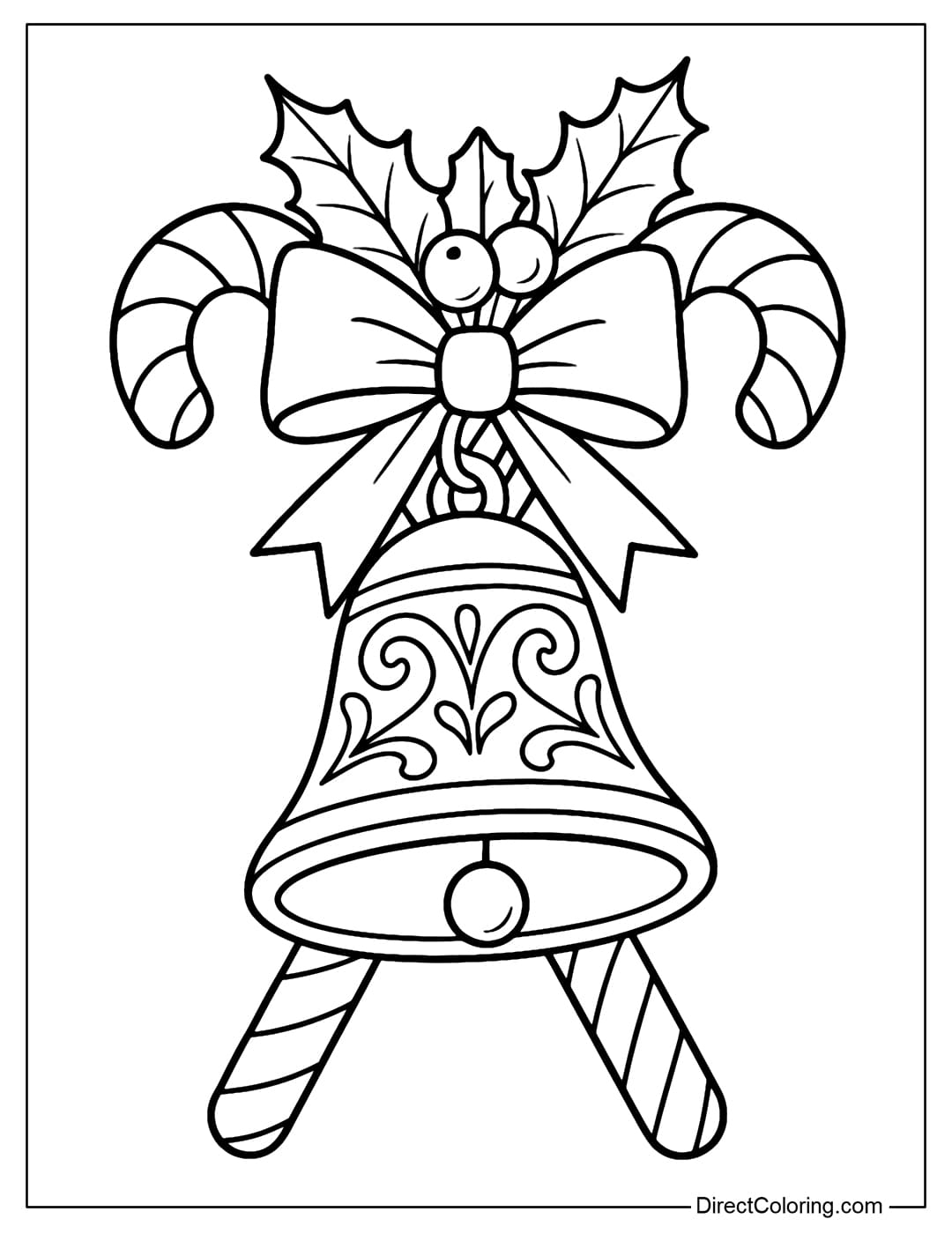 Christmas bell coloring page with two crossed candy canes, decorated with bows, holly leaves, and berries.