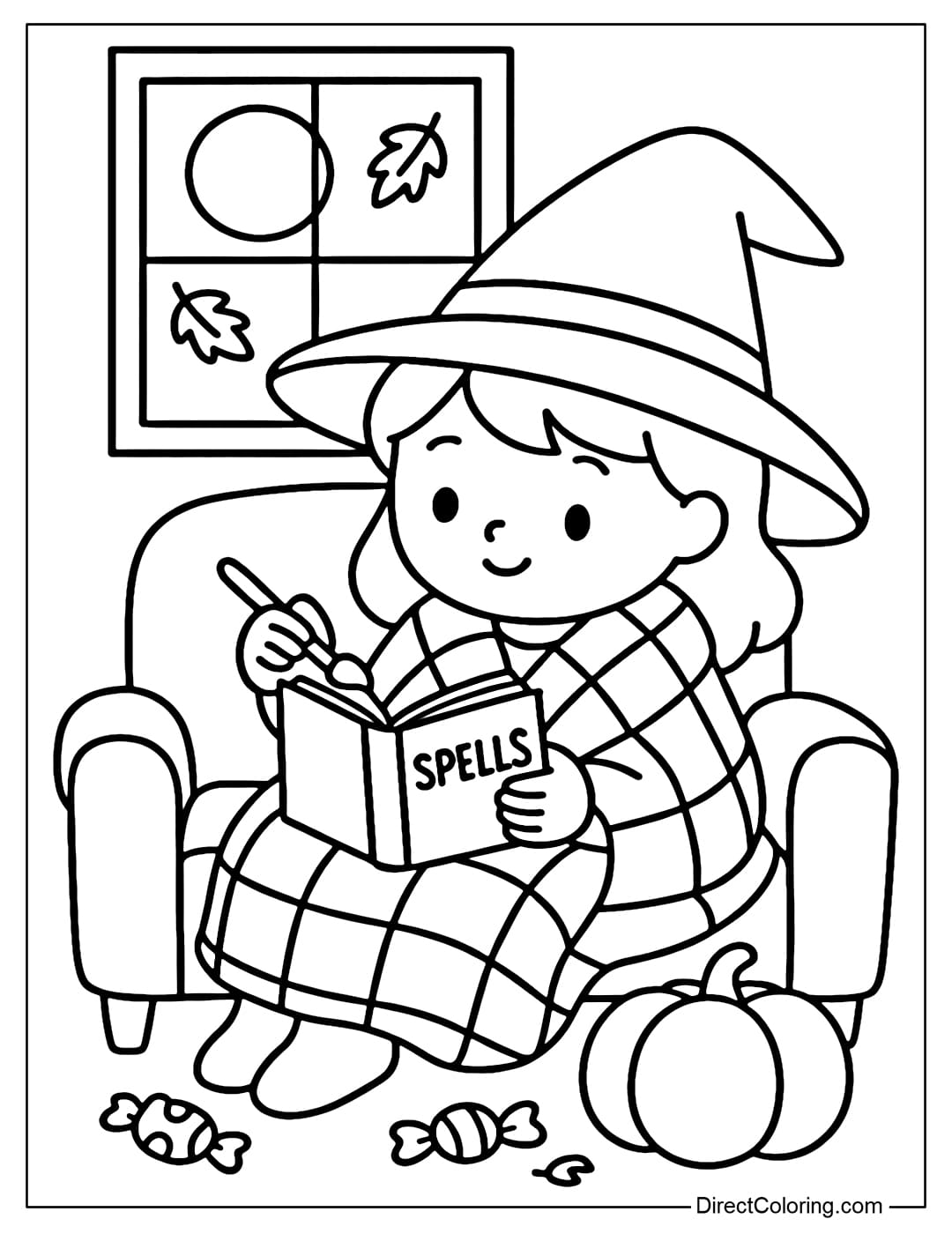 A witch sitting on the sofa in the house, wrapped in a warm blanket, reading a magic book by the window with a full moon.