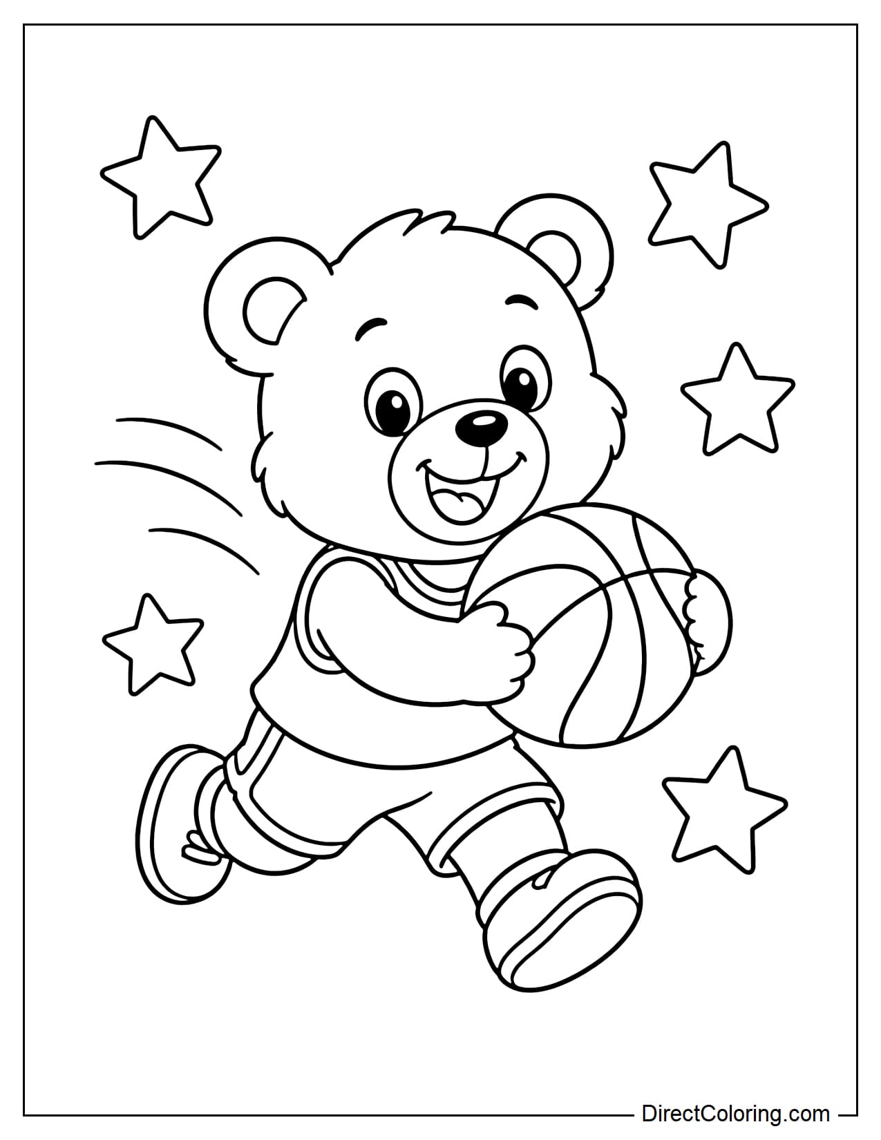 A cute little bear is holding a basketball and running, wearing a simple sports shirt with some curves and stars on the back.