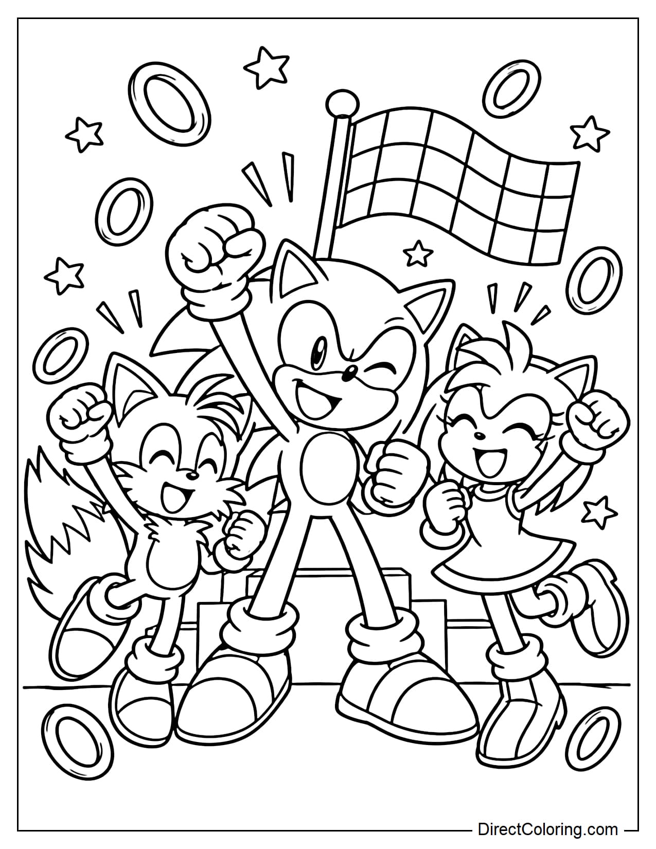 Sonic, Tails, and Amy are celebrating their victory together, surrounded by several gold rings, small stars, and a finish line flag.