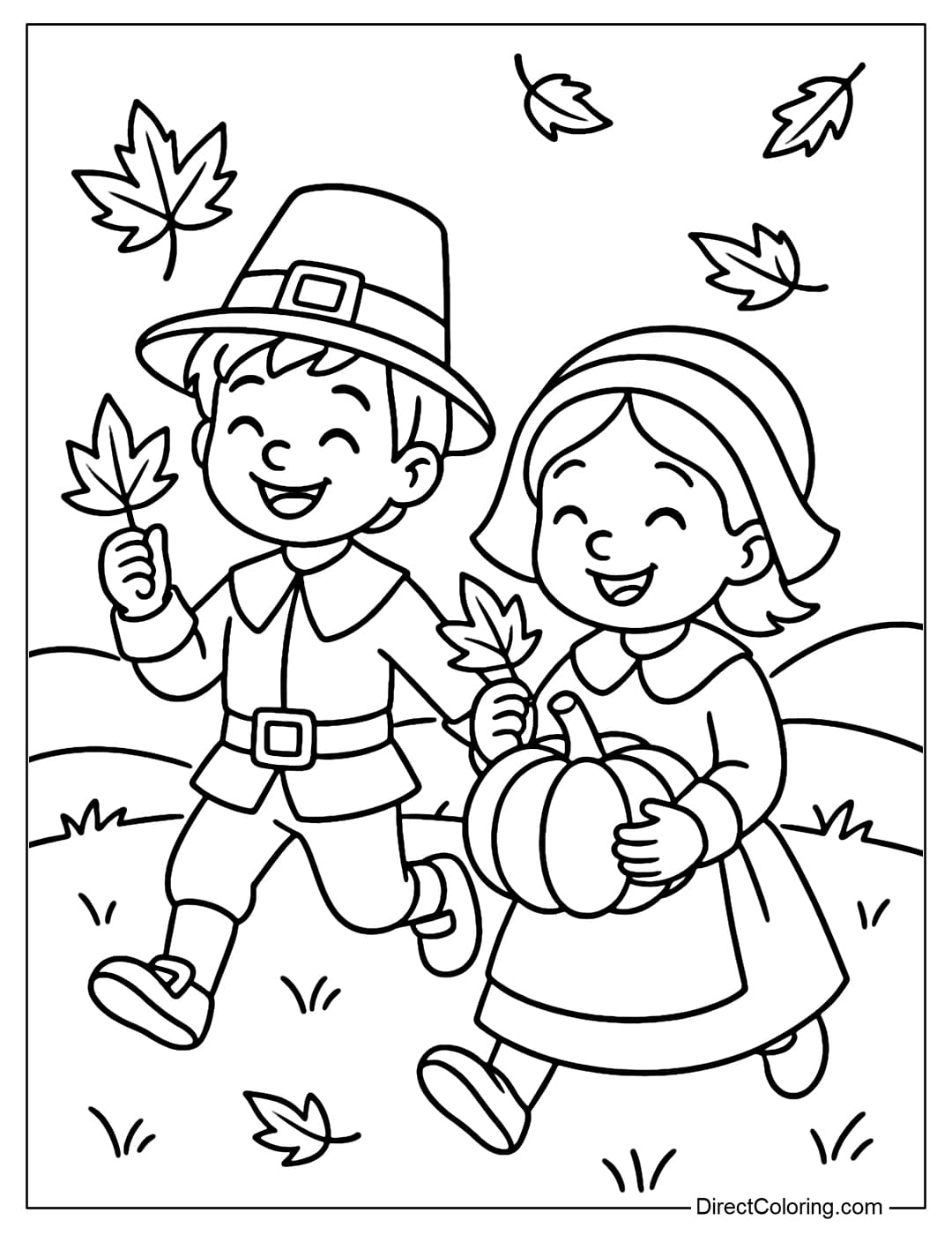 Coloring page of two Pilgrim children playing in the field, holding autumn leaves and smiling.