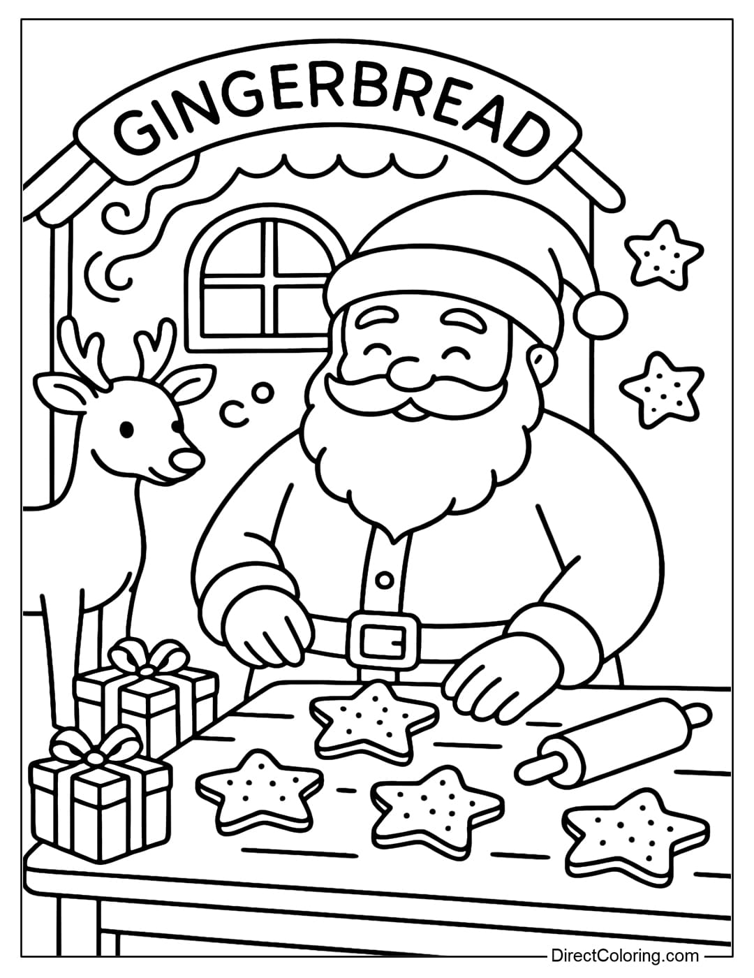 Santa's gingerbread workshop coloring page, with reindeer, gifts and star-shaped cookies.