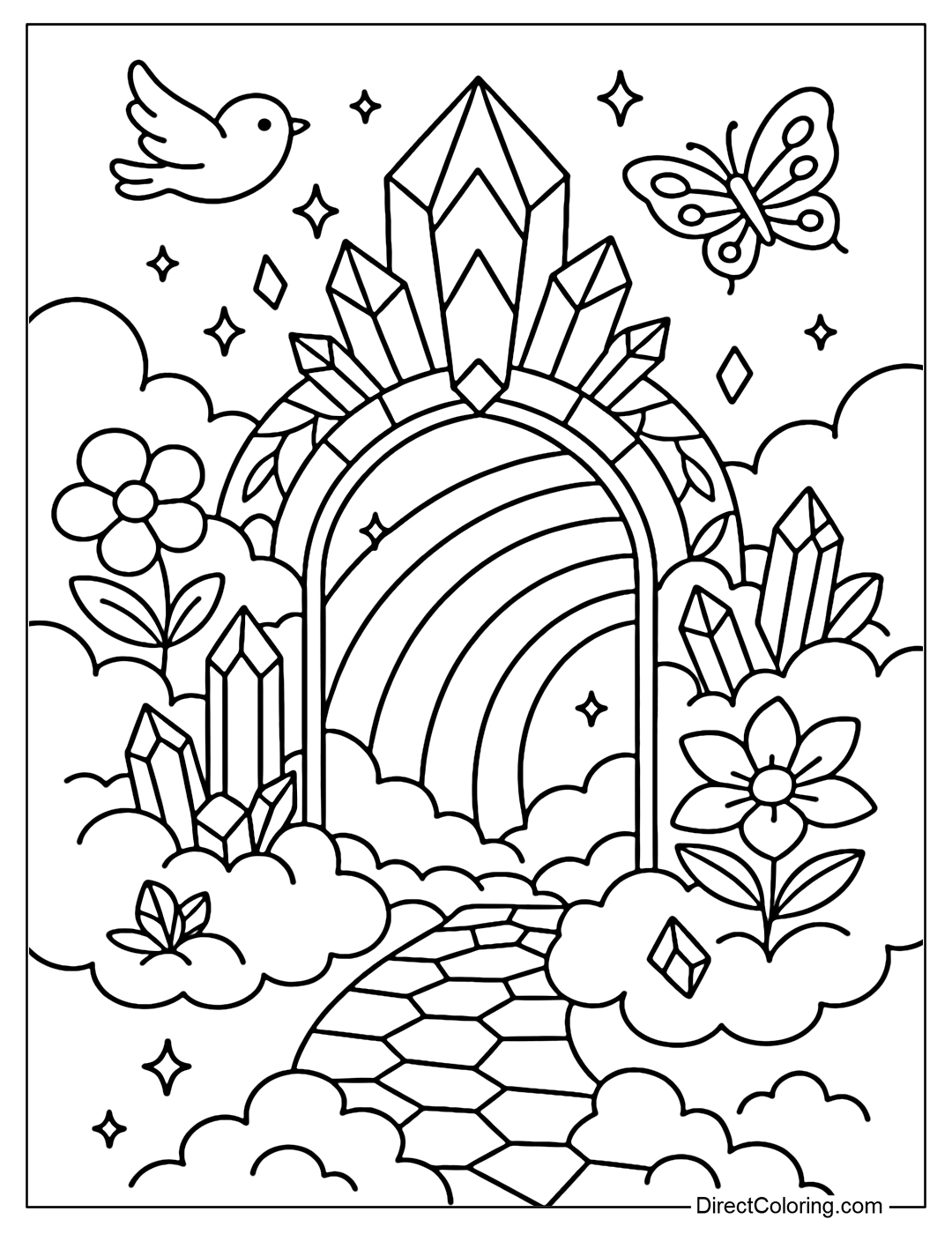 Coloring page of a giant crystal gate to heaven, behind which is a rainbow leading to a new world.