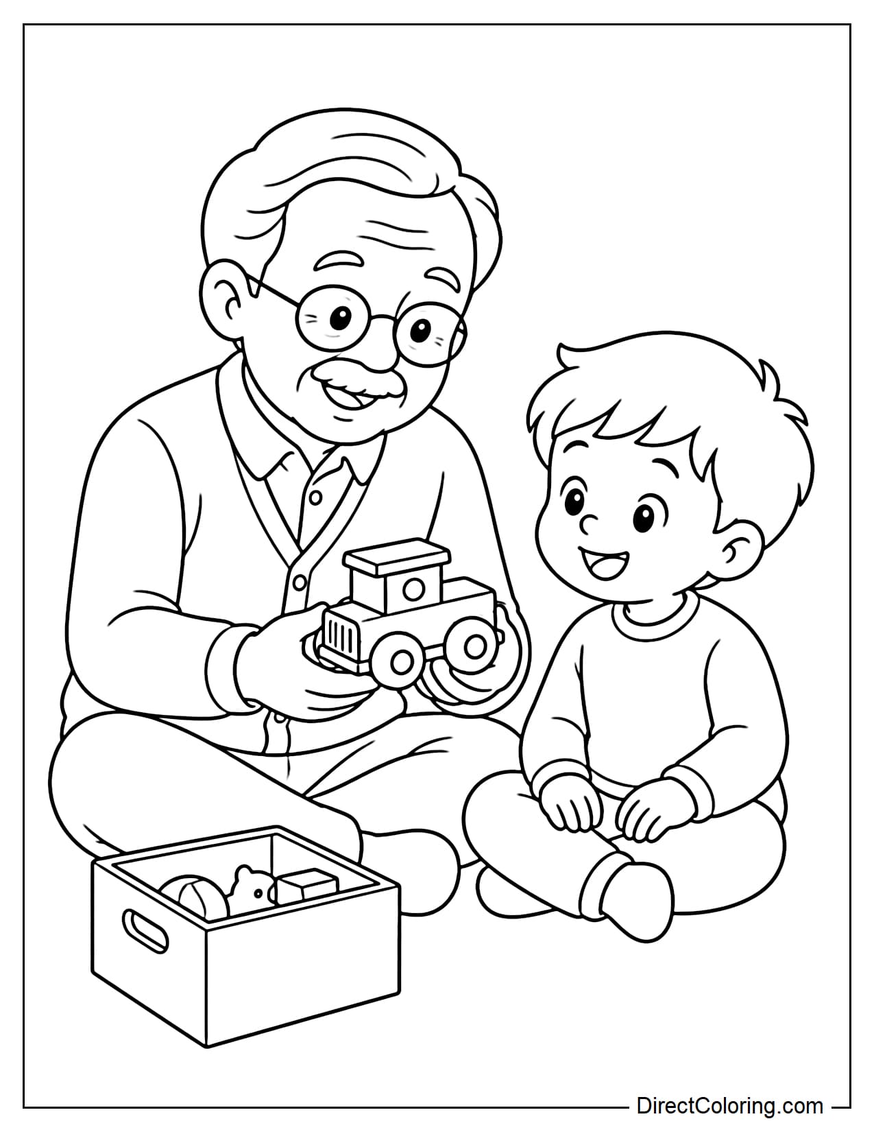 A grandfather shows his grandchild an old wooden toy car from his childhood. They sit together smiling, with a small toy box beside them.