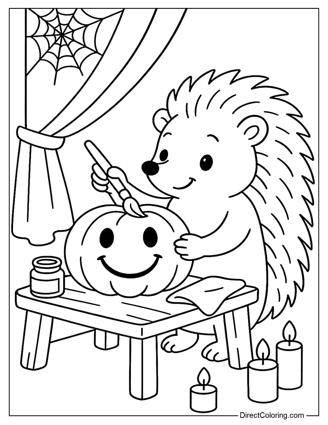 A coloring page of a little hedgehog holding a brush and drawing a smiley face on a pumpkin. A small wooden table, next to a paint bottle, a towel, and a few low candles. The curtains have a mini spider web.