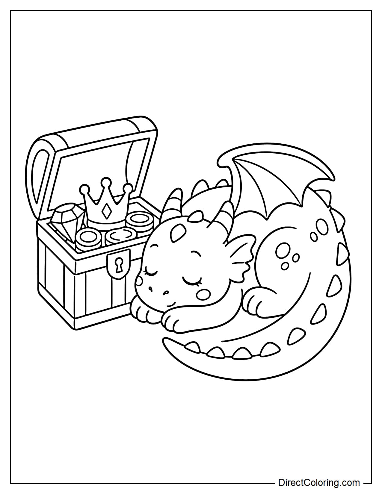 A dragon is curled up sleeping peacefully beside an open treasure chest filled with round coins, a large gem, and a crown.
