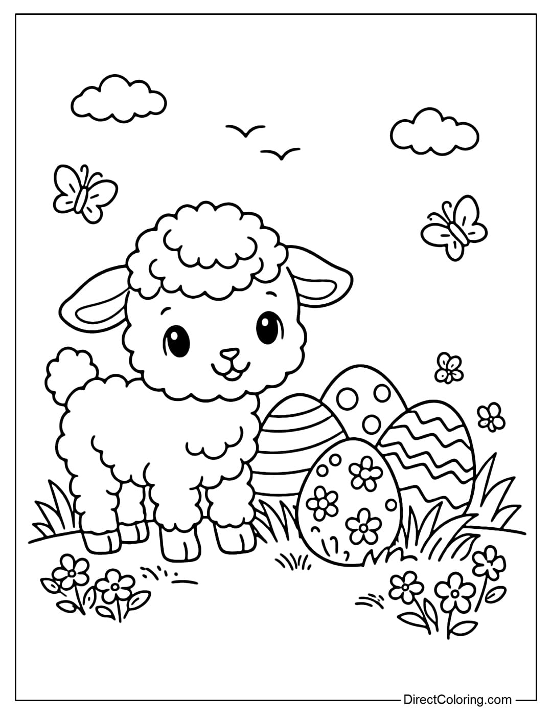 A cute lamb standing next to an Easter egg in a simple spring meadow.