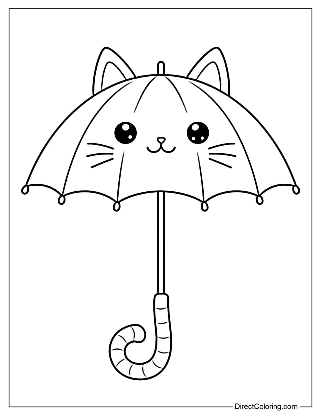 A coloring page with a cat face, pointed ears on top, whiskers on either side, and a handle shaped like a curled cat tail.