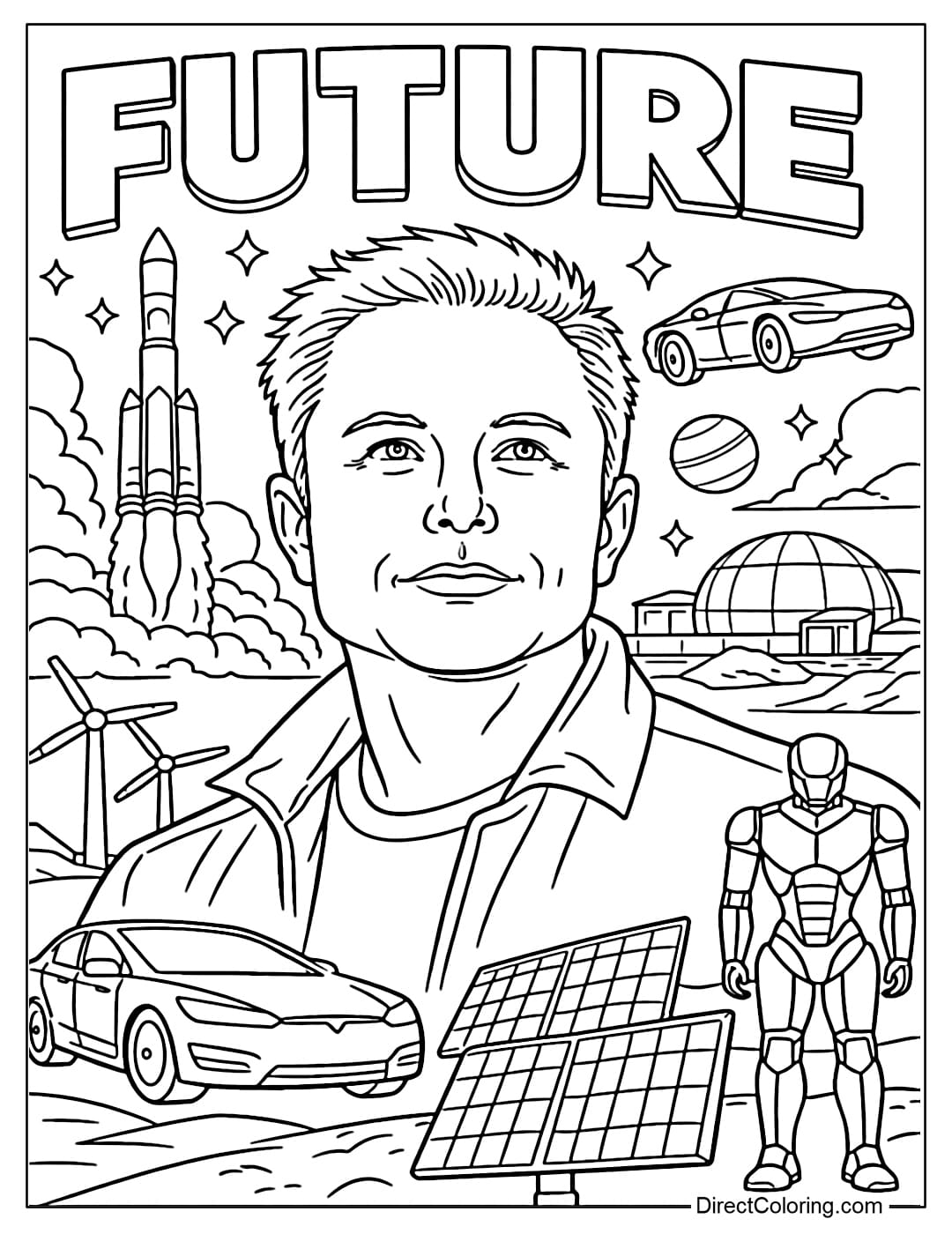An Elon Musk coloring page with the words 