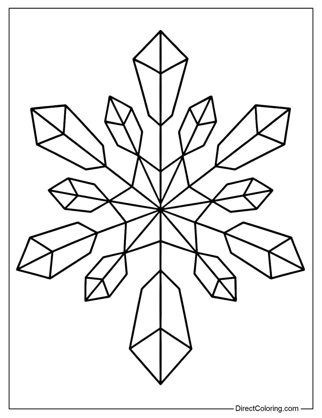 A coloring page of a geometric crystal snowflake with angular, flat branches.