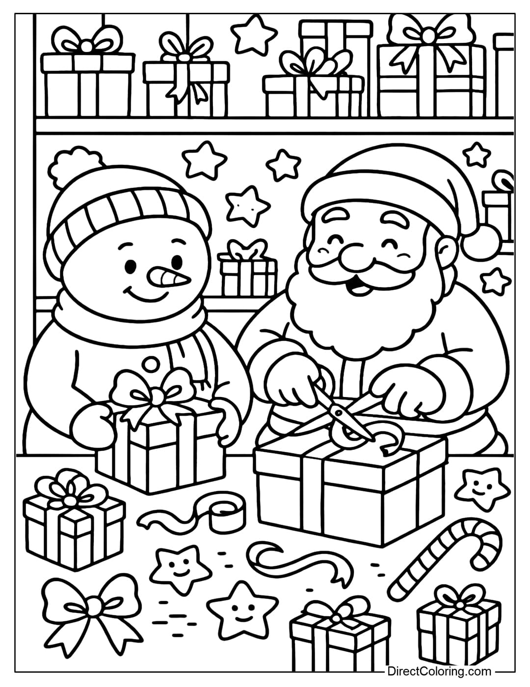 A snowman coloring page helping Santa Claus wrap gifts in a toy workshop.