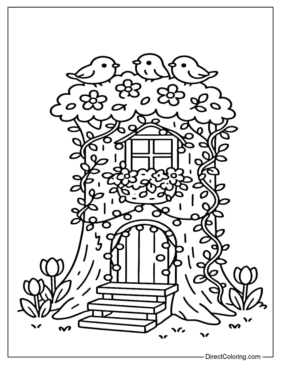 Stump with Fairy Lights Coloring Page A tree stump coloring page decorated with twinkling lights wrapped around the doors and windows.