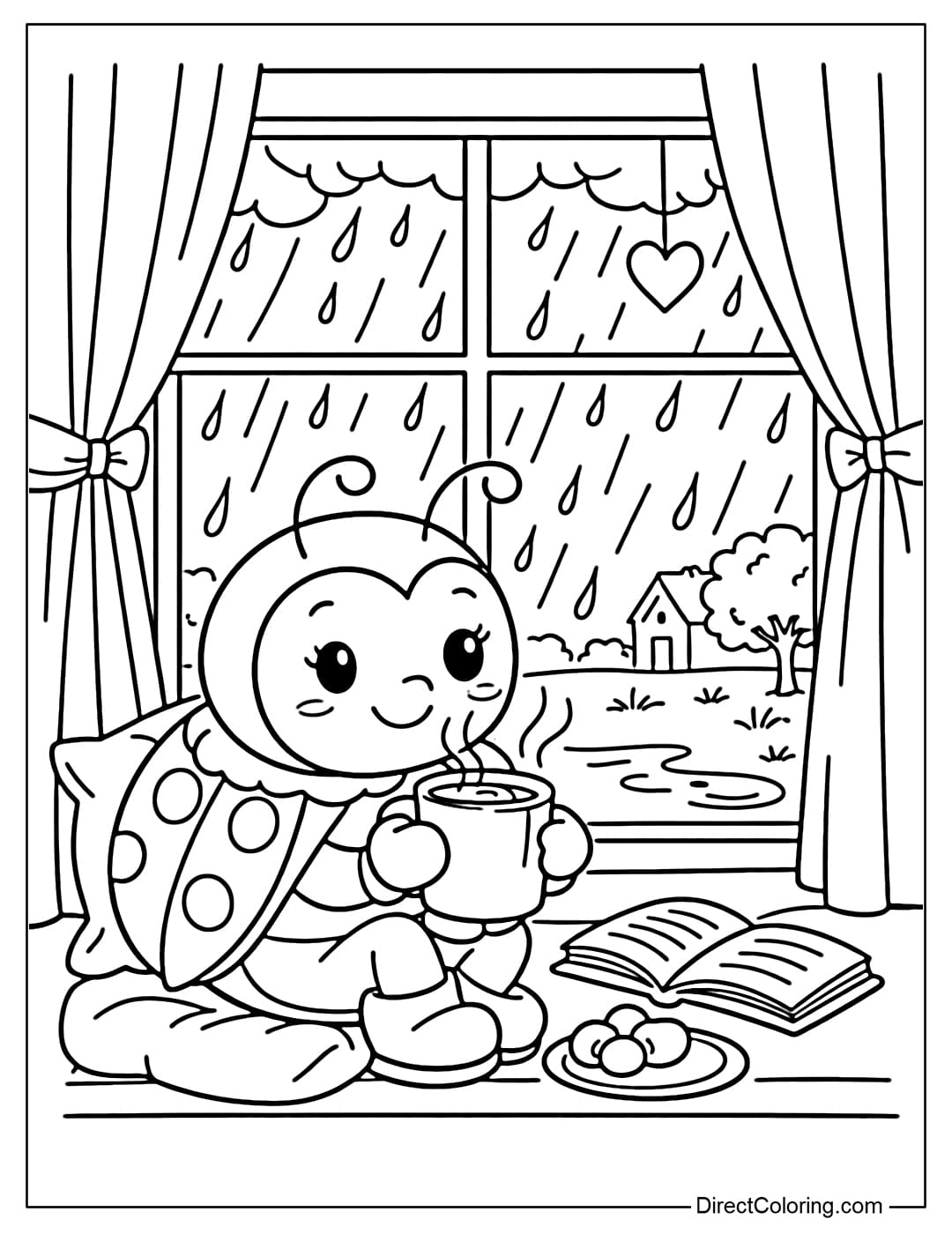 A coloring page of a ladybug sitting by the window watching the rain fall, holding a cup of hot cocoa.